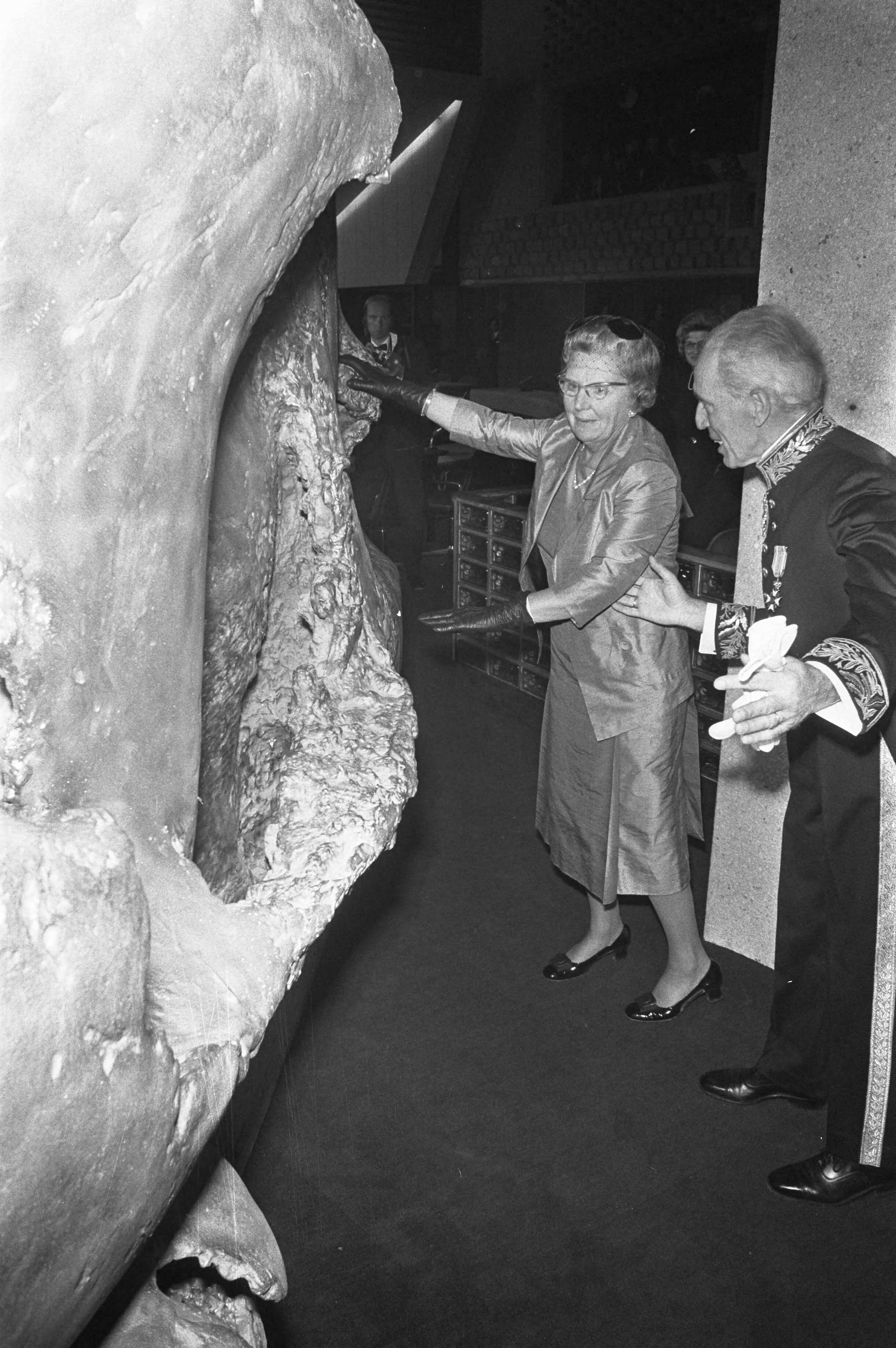 Koningin Juliana opent het nieuwe provinciehuis van Noord-Brabant in Den Bosch — Koningin Juliana duwt een "dikke deur" open. Rechts van haar de commissaris van de Koningin in Noord-Brabant, C.N.M. Kortmann, in ambtskostuum — Foto: Fotograaf Onbekend / Anefo. Licentie: Set B: Rechtenvrij / Publiek Domein. Bron: Nationaal Archief. http://hdl.handle.net/10648/abd6d11c-d0b4-102d-bcf8-003048976d84