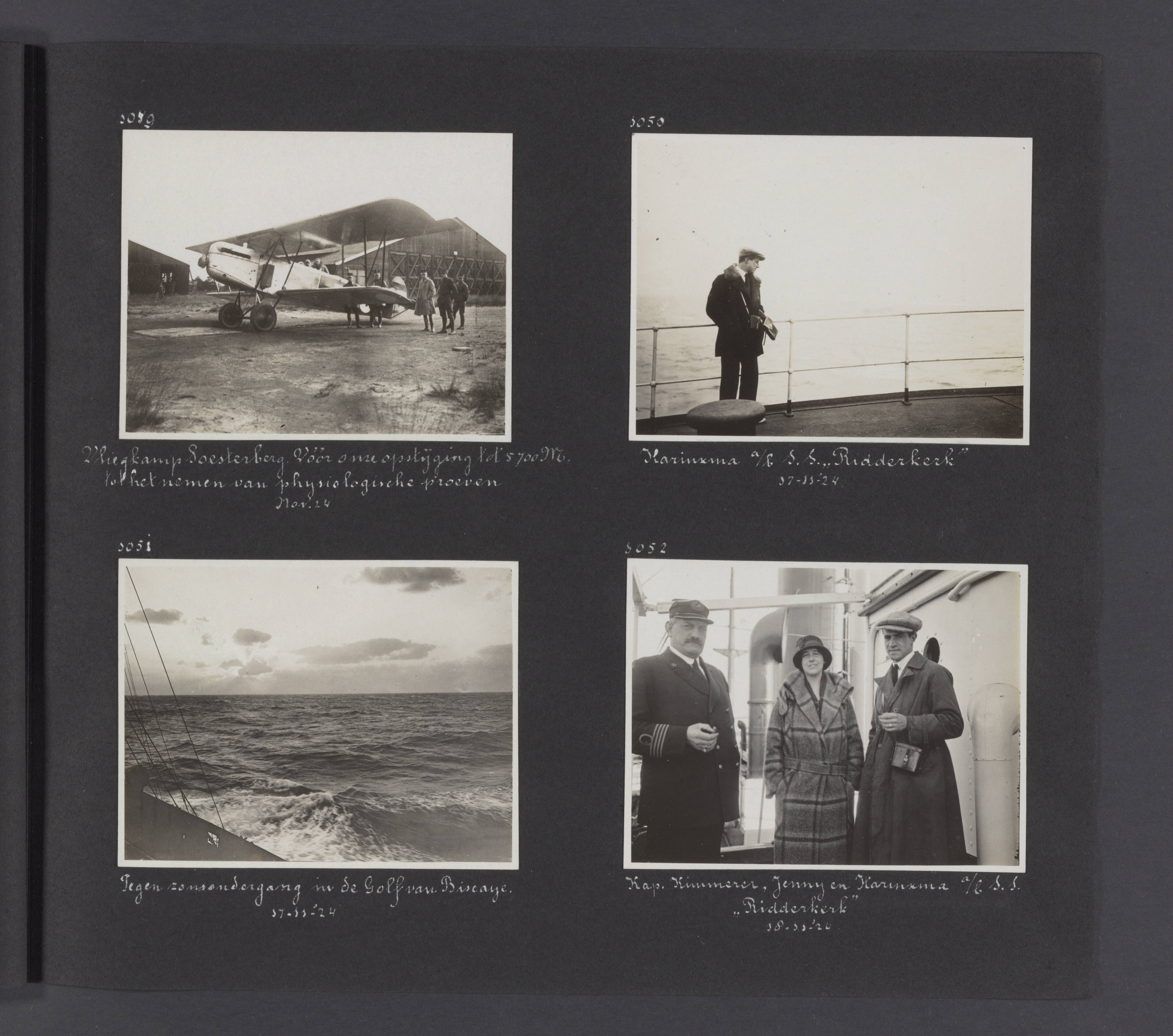 Fotoalbum Visser: Skandinavië, Zwitserland, Nederland, India — Albumblad met vier foto's. Linksboven: het vliegtuig voor waarnemingen op de vliegbasis Soesterberg; rechtsboven: baron Harinxma thoe Sloten aan boord van de SS. Ridderkerk; linksonder: zonsondergang vanaf de SS. Ridderkerk in de Golf van Biskaje; rechtsonder: Jenny Visser-Hooft met baron Harinxma thoe Sloten en kapitein Kimmerer op de SS. Ridderkerk — Foto: Onbekend / Publiek Domein of Rechtenvrij. Licentie: Set B: Rechtenvrij / Publiek Domein. Bron: Nationaal Archief. http://hdl.handle.net/10648/7720b60e-3e6d-49ca-b52b-df68641a0e0a