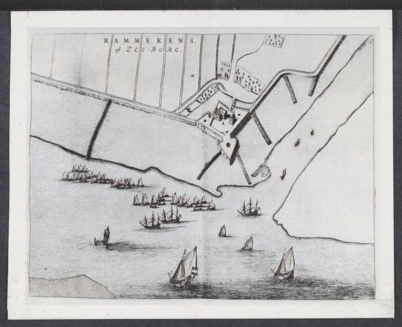 Kastelen, landgoederen Radboud t/m Rossum - Nederland — Kaart. het fort Rammekens in de 17e eeuw. Het stenen fort had toen één bastion en twee half-bastions waarin kanonkazematten (uit Blaeu, Tooneel der steden 1949) — Foto: Onbekend / Publiek Domein of Rechtenvrij. Licentie: Set B: Rechtenvrij / Publiek Domein. Bron: Nationaal Archief. http://hdl.handle.net/10648/fff3e699-46d6-5694-4ab3-3100ea5533b3