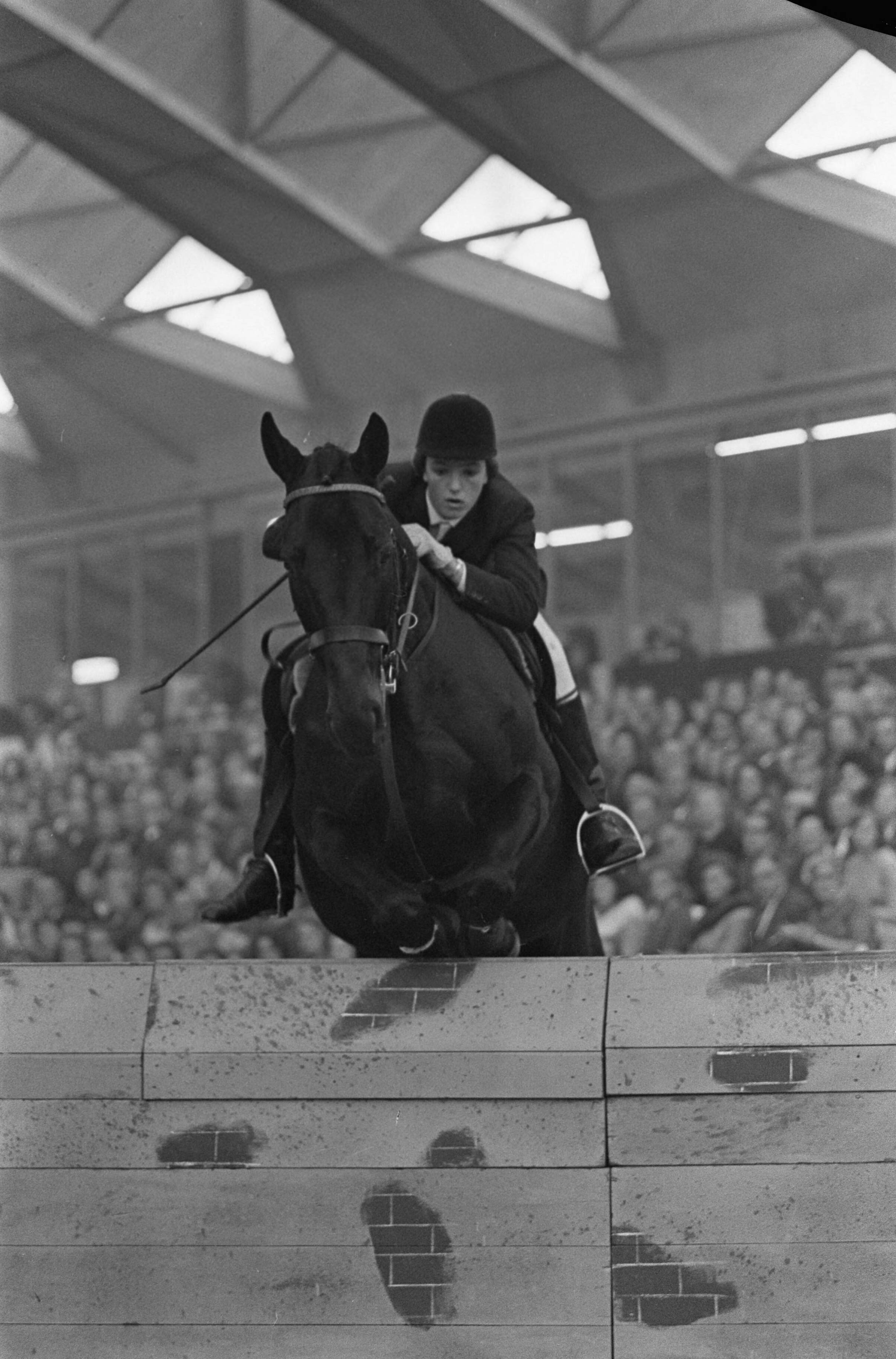 Jumping Amsterdam 1965 in de RAI te Amsterdam — De Britse amazone Alison Westwood tijdens een sprong met haar paard "Dark Sovereign" — Foto: Fotograaf Onbekend / Anefo. Licentie: Set B: Rechtenvrij / Publiek Domein. Bron: Nationaal Archief. http://hdl.handle.net/10648/aac9353a-d0b4-102d-bcf8-003048976d84