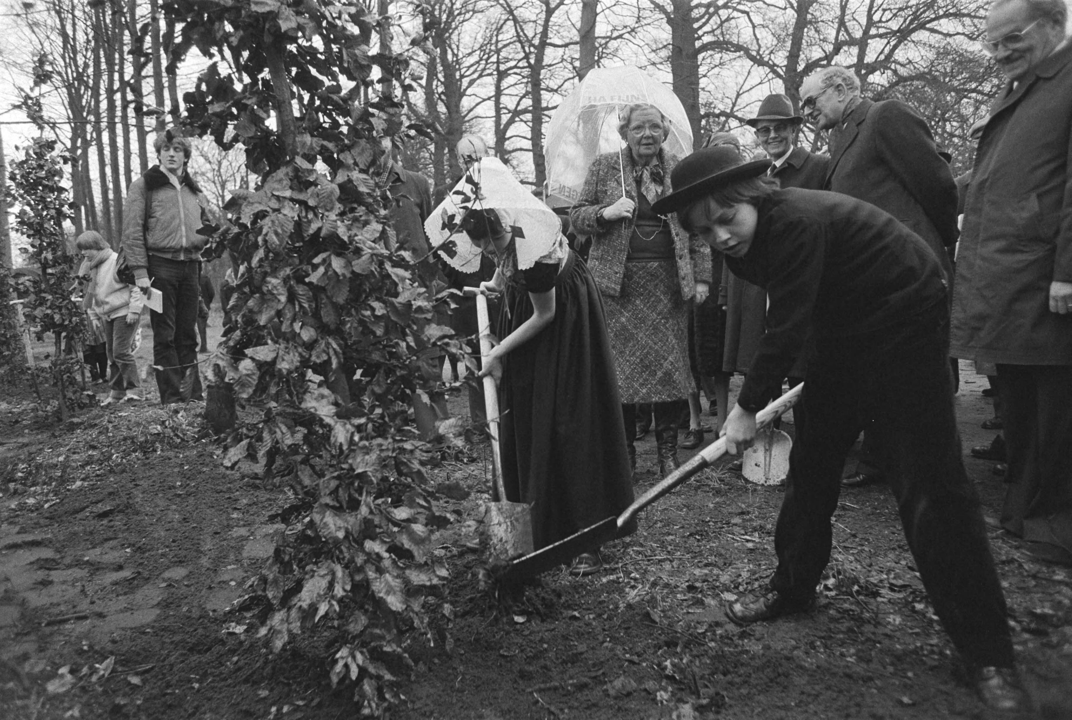 Nationale boomplantdag — koningin Juliana kijkt toe hoe kinderen in klederdracht een boom planten — Foto: Suyk, Koen / Anefo. Licentie: Set B: Rechtenvrij / Publiek Domein. Bron: Nationaal Archief. http://hdl.handle.net/10648/acc6b1a0-d0b4-102d-bcf8-003048976d84