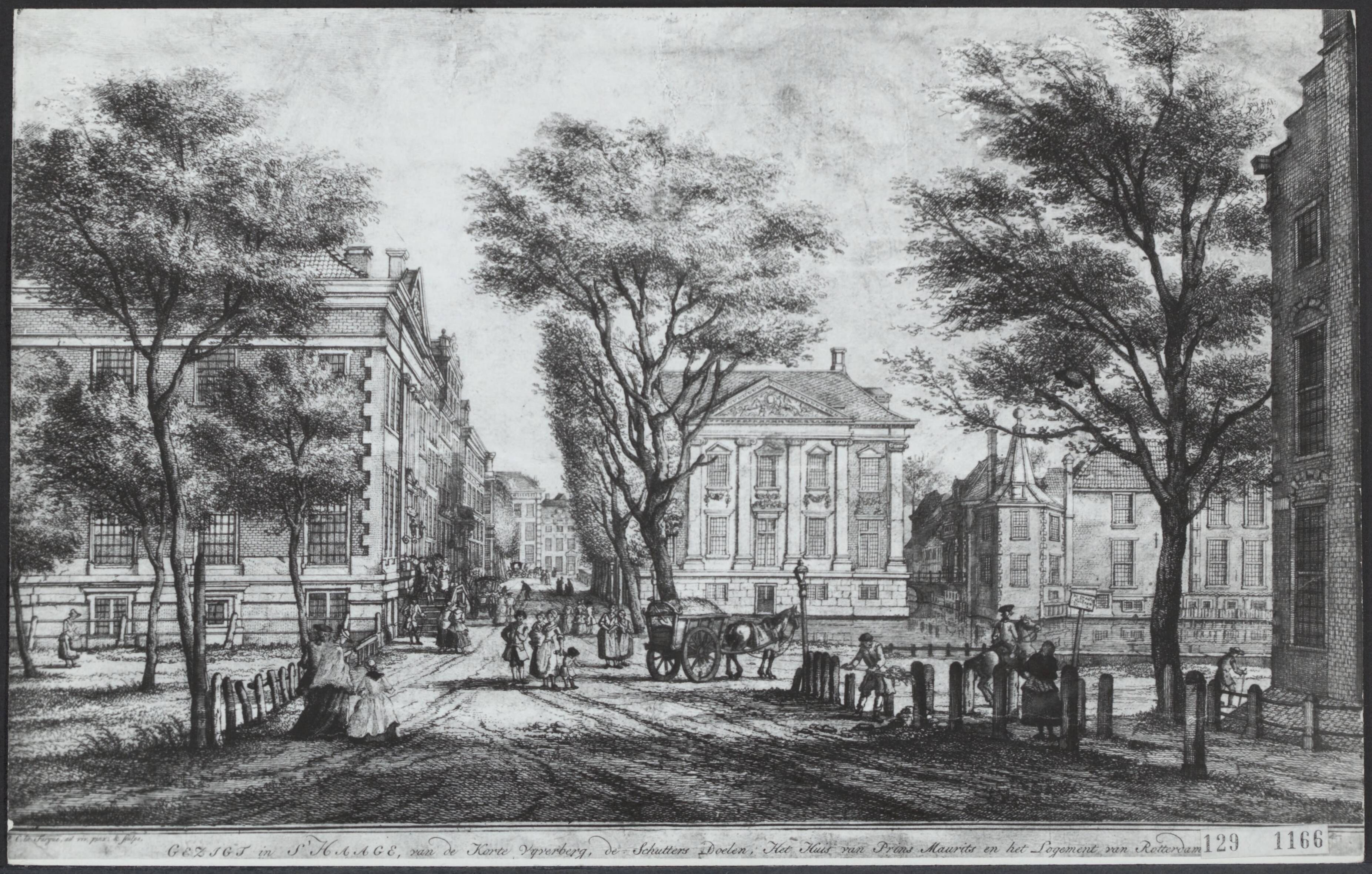 Fotocollectie Rijksvoorlichtingsdienst Eigen — Korte Vijverberg met St. Sebastiaansdoelen, Mauritshuis en het Binnenhof. Gravure naar een tekening van P. C. la Fargue, 18de eeuw — Foto: Fotodienst Gemeente Den Haag. Licentie: Set B: Rechtenvrij / Publiek Domein. Bron: Nationaal Archief. http://hdl.handle.net/10648/af48de08-d0b4-102d-bcf8-003048976d84
