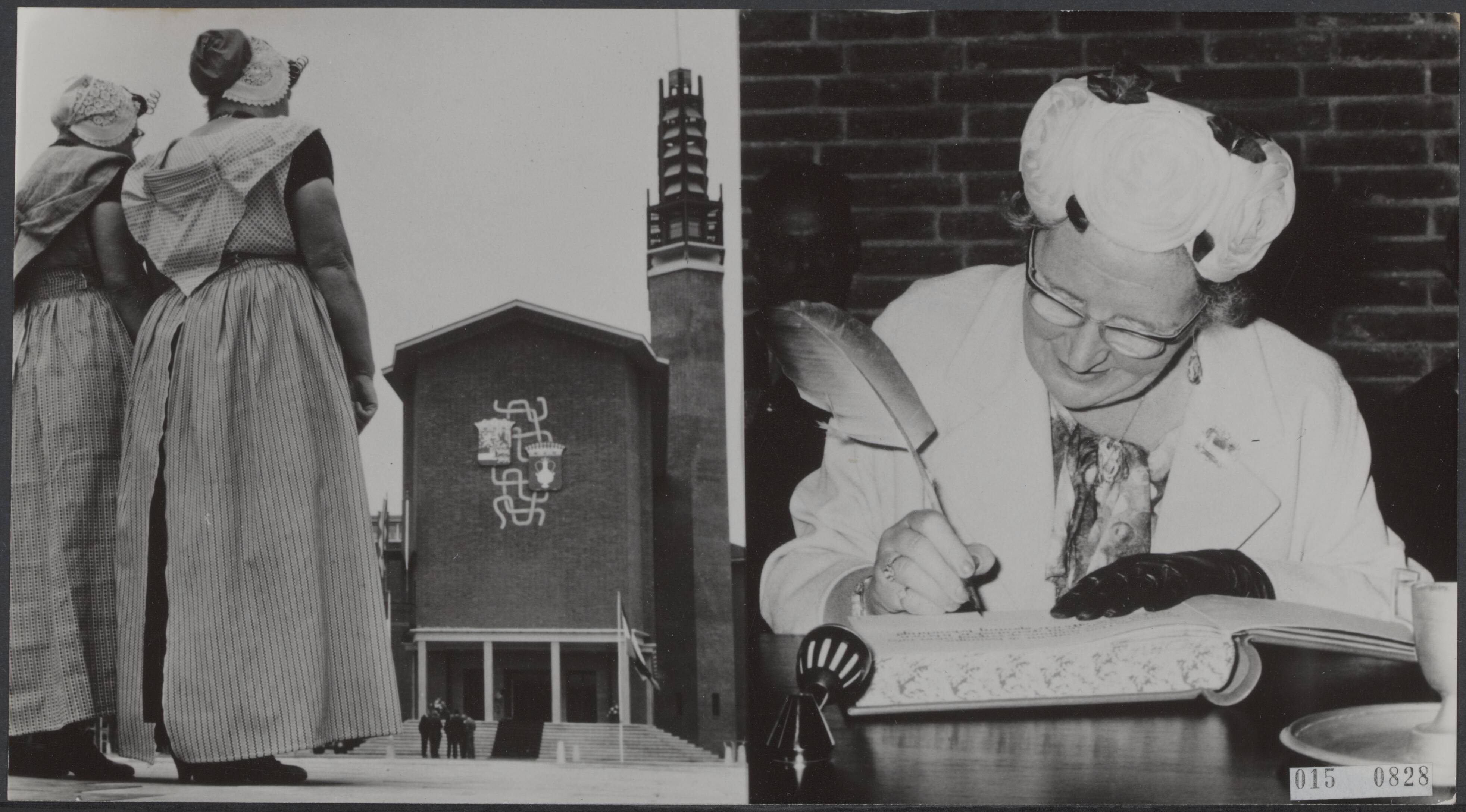 Fotocollectie Elsevier Binnenland — Foto rechts: Koningin Juliana tekende als eerste het gastenboek van het nieuwe stadhuis van Vlissingen. Foto recht: Twee dames in klederdracht kijken naar het nieuwe stadhuis — Foto: Nijs, Jac. de / Anefo. Licentie: Set B: Rechtenvrij / Publiek Domein. Bron: Nationaal Archief. http://hdl.handle.net/10648/adb6481e-d0b4-102d-bcf8-003048976d84
