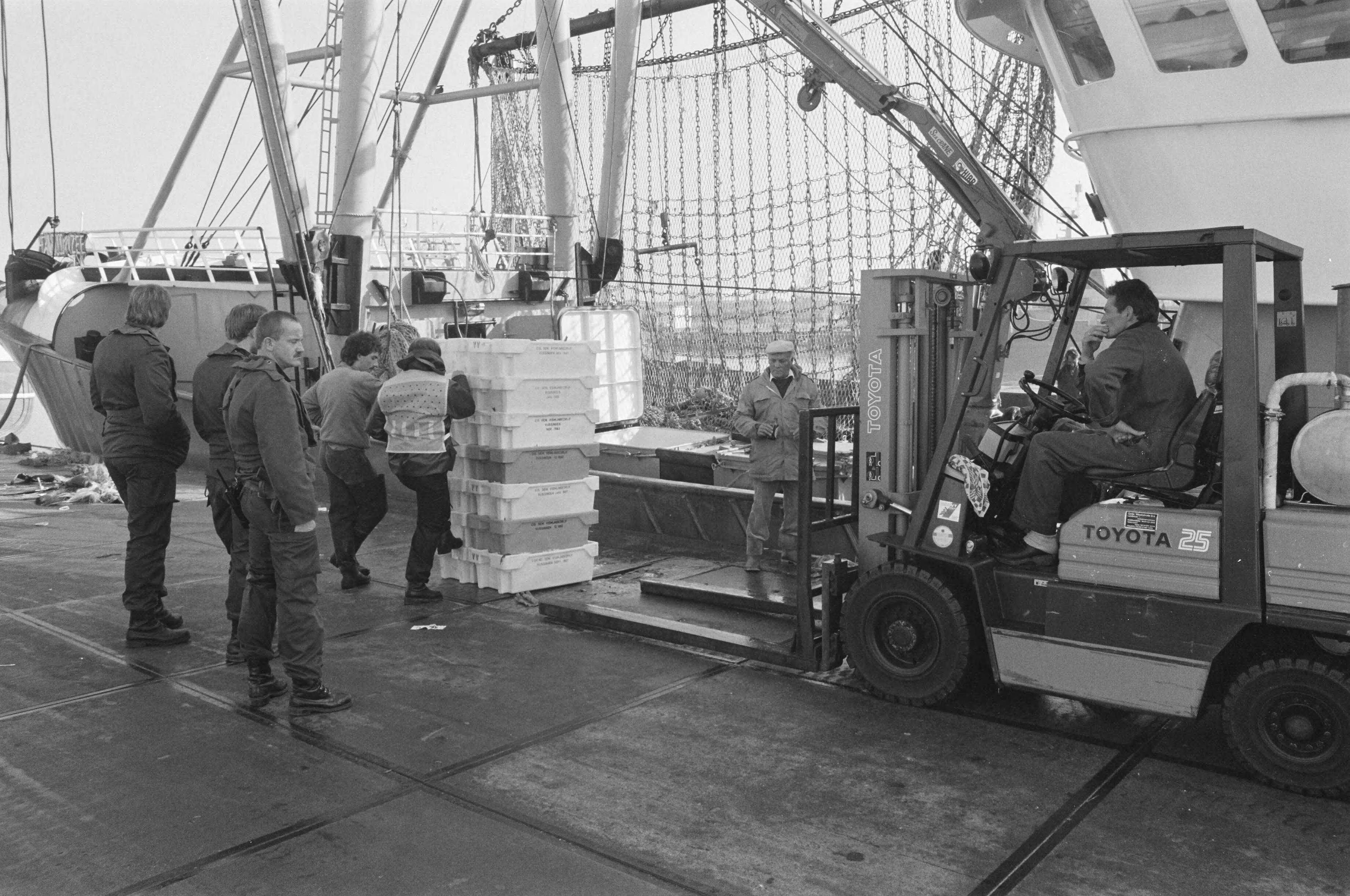 Fotocollectie Anefo — Enige honderden leden Mobiele Eenheid assisteren controleurs AID bij aanvoer visvangsten in Vlissingen — Foto: Croes, Rob C. / Anefo. Licentie: Set B: Rechtenvrij / Publiek Domein. Bron: Nationaal Archief. http://hdl.handle.net/10648/ad6dfc4e-d0b4-102d-bcf8-003048976d84
