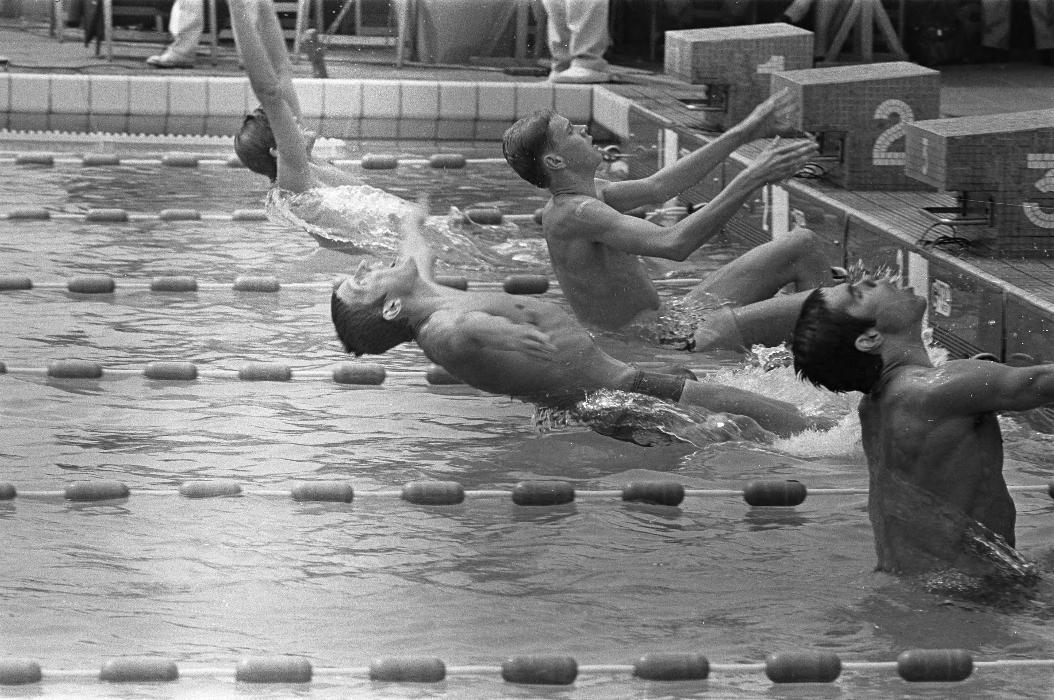Nederlandse kampioenschappen zwemmen 1969 te Breda — Start van de 1e serie 100 m rugslag heren: van onder naar boven: Peter Schillemans, Bob Schoutsen, Wout Schouten en Jan Evert Veer — Foto: Fotograaf Onbekend / Anefo. Licentie: Set B: Rechtenvrij / Publiek Domein. Bron: Nationaal Archief. http://hdl.handle.net/10648/ab73f84e-d0b4-102d-bcf8-003048976d84