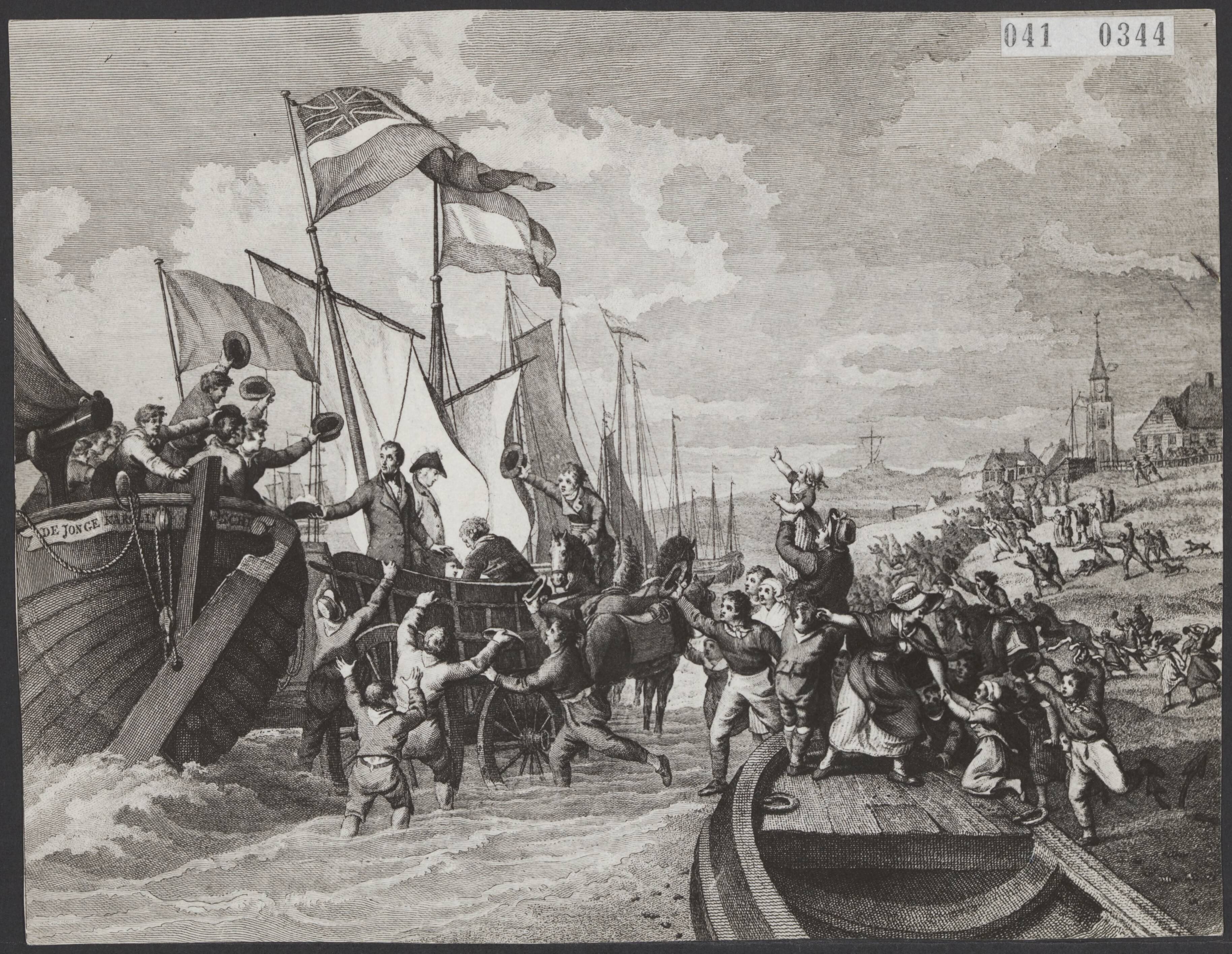 Fotocollectie Elsevier Binnenland — Prent van de aankomst van Willem Frederik, Prins van Oranje op 30 november 1813 aan het strand te Scheveningen, vanuit Engeland — Foto: Onbekend / Publiek Domein of Rechtenvrij. Licentie: Set B: Rechtenvrij / Publiek Domein. Bron: Nationaal Archief. http://hdl.handle.net/10648/adf652ec-d0b4-102d-bcf8-003048976d84