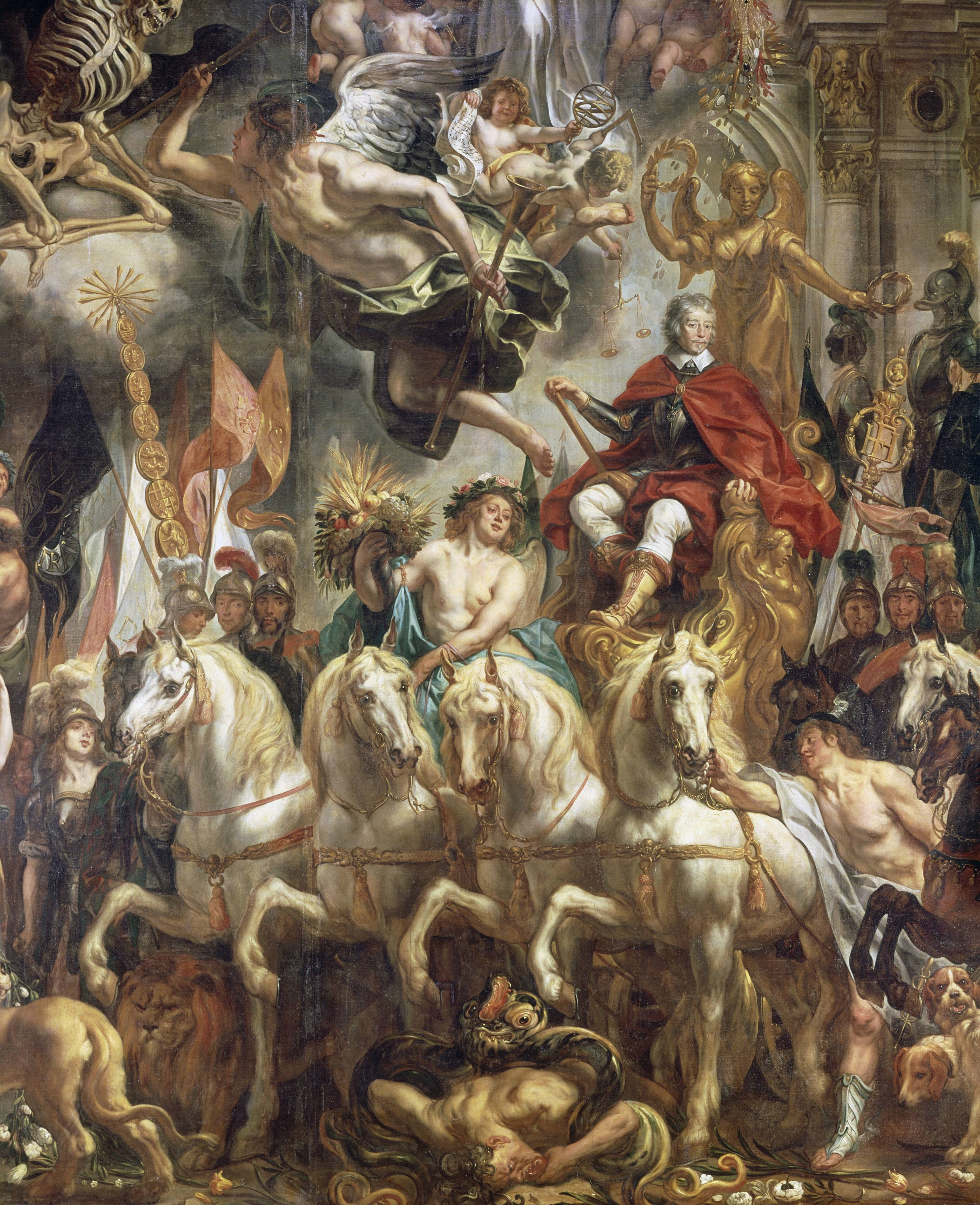 Paleis Huis ten Bosch te Den Haag — De Oranjezaal, detail schilderij "De Triomfwagen" — Foto: Hofmeester, Bart / RVD. Licentie: Set B: Rechtenvrij / Publiek Domein. Bron: Nationaal Archief. http://hdl.handle.net/10648/afa8dfc4-d0b4-102d-bcf8-003048976d84