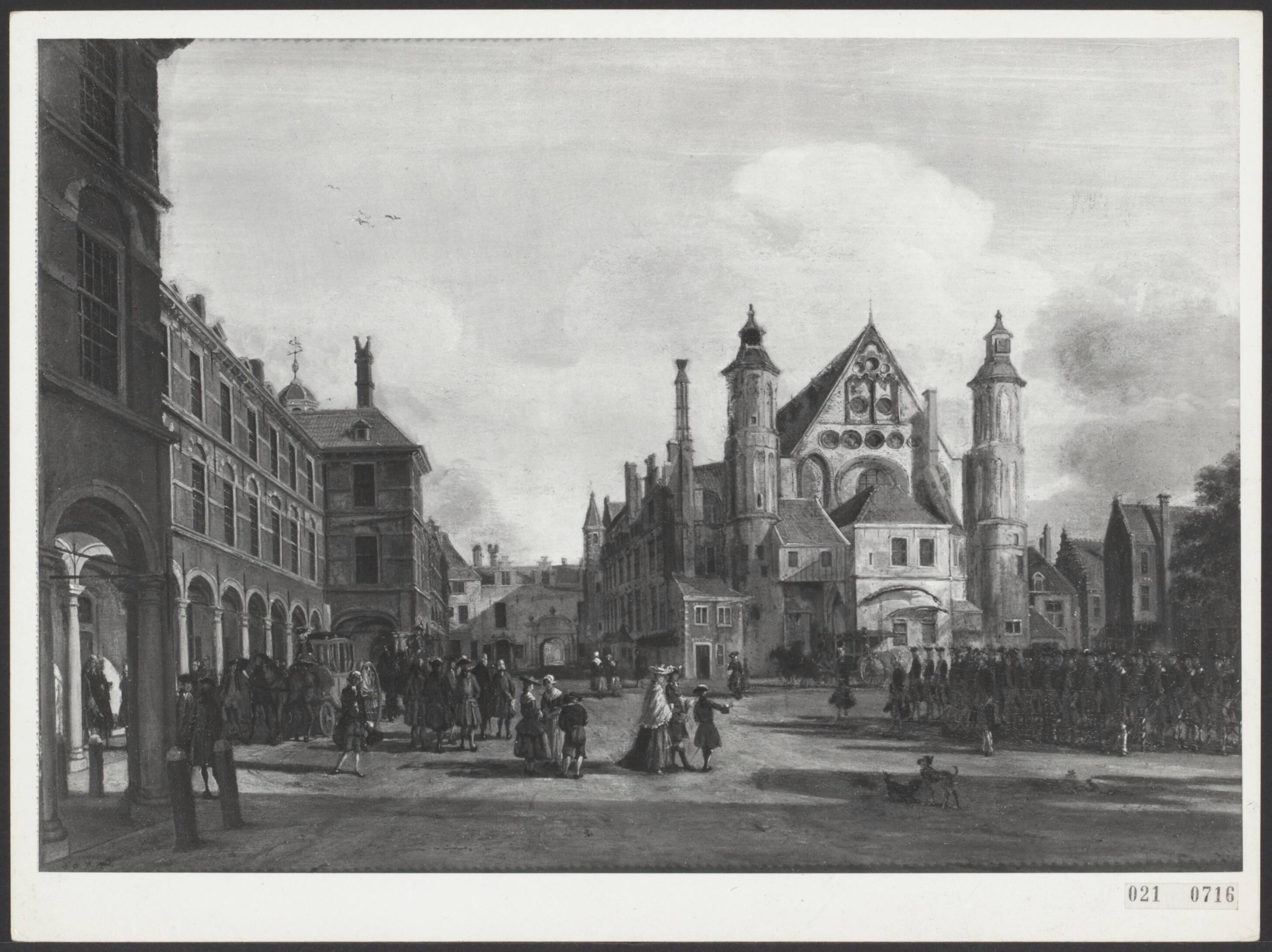 Fotocollectie Elsevier Binnenland — "Het Binnenhof gezien vanaf de Stadhouderspoort". Schilderij van J.E. la Fargue — Foto: Gemeentemuseum Den Haag. Licentie: Set B: Rechtenvrij / Publiek Domein. Bron: Nationaal Archief. http://hdl.handle.net/10648/adcfeeb8-d0b4-102d-bcf8-003048976d84