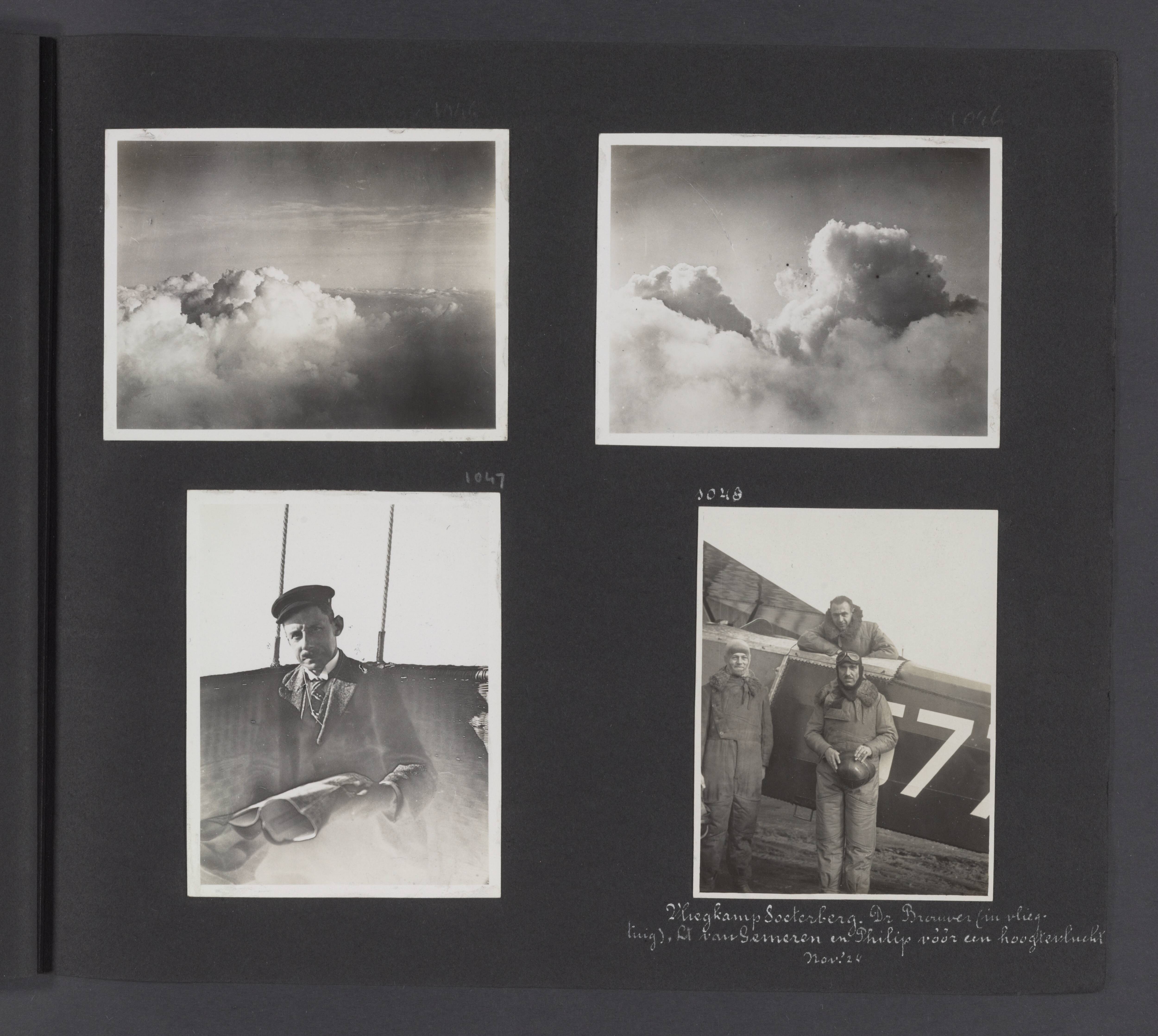 Fotoalbum Visser: Skandinavië, Zwitserland, Nederland, India — Albumblad met vier foto's. Linksboven en rechtsboven: wolkenlucht vanuit de luchtballon; linksonder: Dr. H.G. Cannegieter van het Koninklijk Meteorologisch Instituut in De Bilt; rechtsonder: Dr. Brouwer, luitenant van Gemeren (links) en Ph.C. Visser bij een vliegtuig voor proefnemeningen op Vliegbasis Soesterberg — Foto: Onbekend / Publiek Domein of Rechtenvrij. Licentie: Set B: Rechtenvrij / Publiek Domein. Bron: Nationaal Archief. http://hdl.handle.net/10648/f6bc5ecf-311a-4ab4-a8b7-252b1512e91d