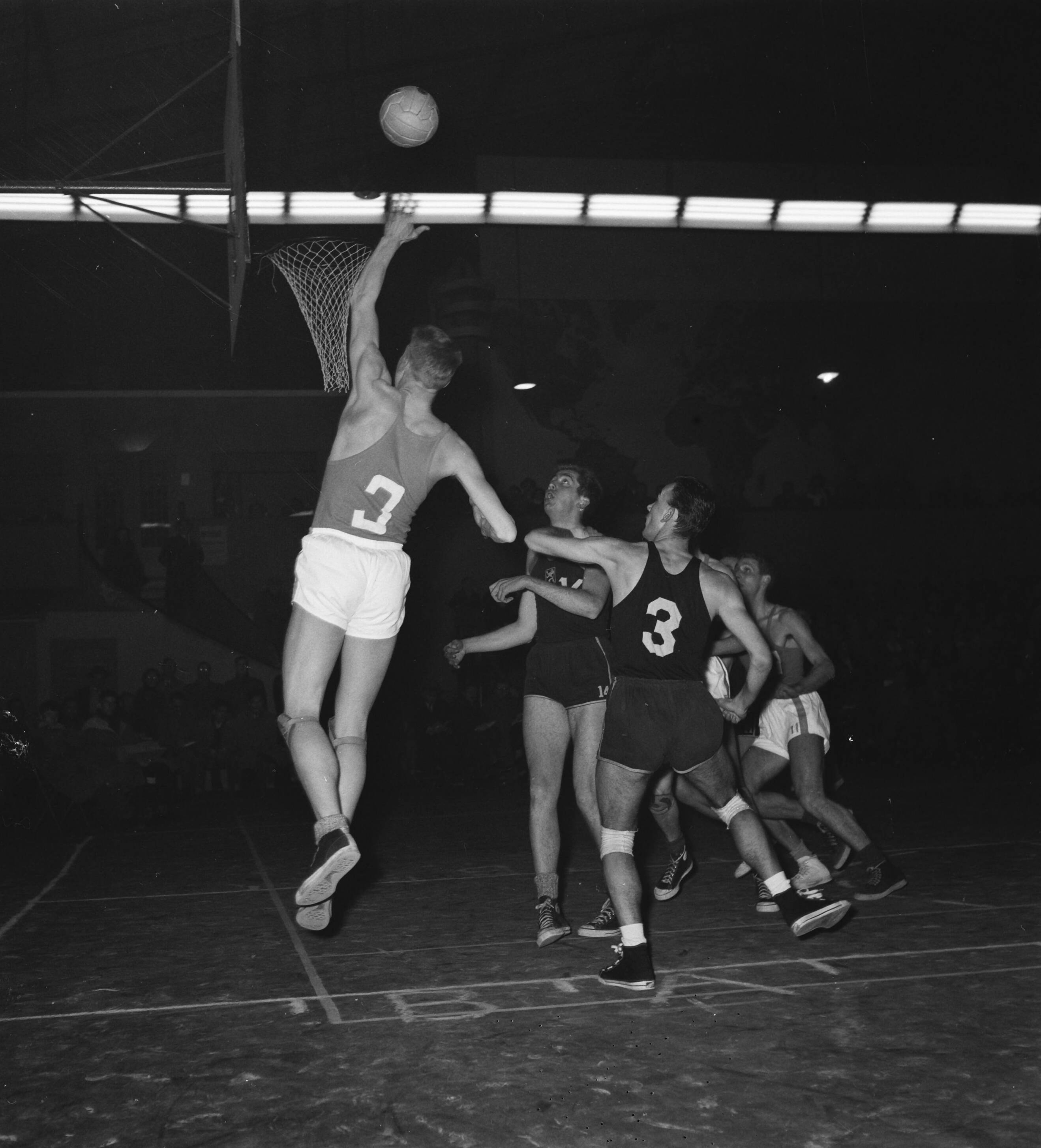 Fotocollectie Anefo — Basketbal. Landenwedstrijd Nederland tegen België in Den Haag. Spelmoment — Foto: Behrens, Herbert F. / Anefo. Licentie: Set B: Rechtenvrij / Publiek Domein. Bron: Nationaal Archief. http://hdl.handle.net/10648/a9435858-d0b4-102d-bcf8-003048976d84
