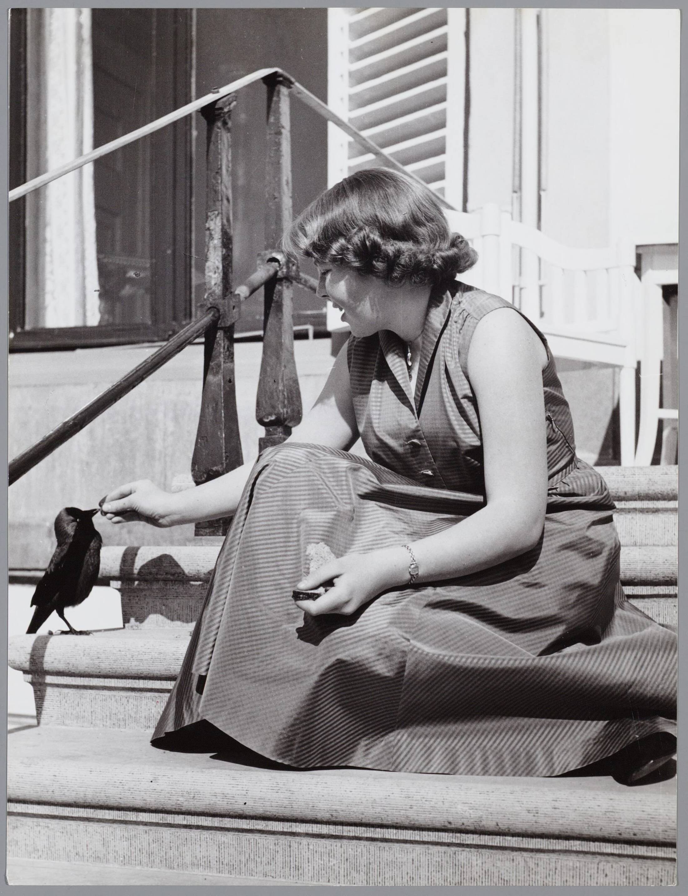 Fotocollectie RVD / Koninklijk Huis — Prinses Beatrix met een kraai op de trappen van Paleis Soestdijk — Foto: Reijken, Tiemen van der / RVD. Licentie: Set B: Rechtenvrij / Publiek Domein. Bron: Nationaal Archief. http://hdl.handle.net/10648/afb04aa2-d0b4-102d-bcf8-003048976d84