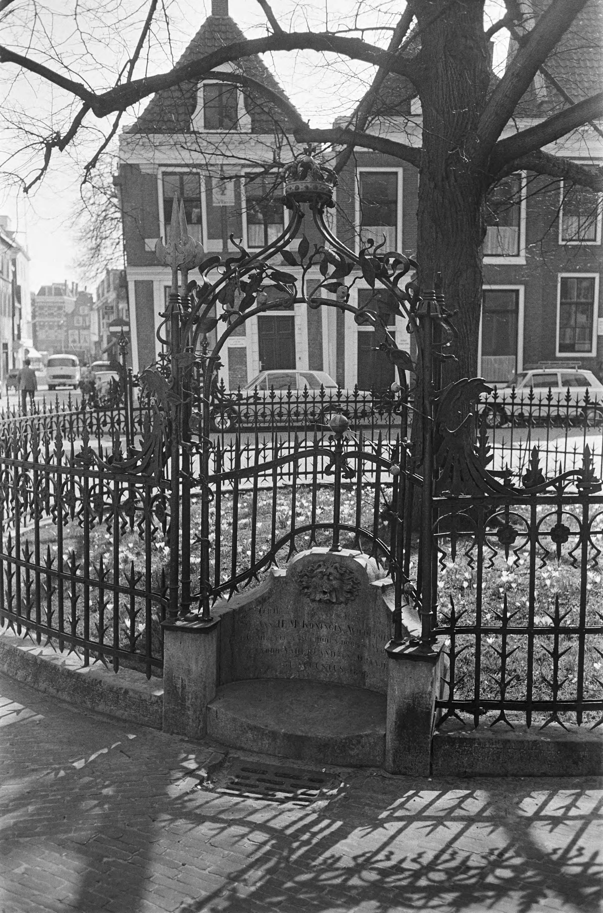 Fotocollectie Anefo — Stadsgezichten Leeuwarden: de Wilhelminaboom op het Raadhuisplein met sierhek en inscriptie — Foto: Koch, Eric / Anefo. Licentie: Set B: Rechtenvrij / Publiek Domein. Bron: Nationaal Archief. http://hdl.handle.net/10648/ab64c8ba-d0b4-102d-bcf8-003048976d84