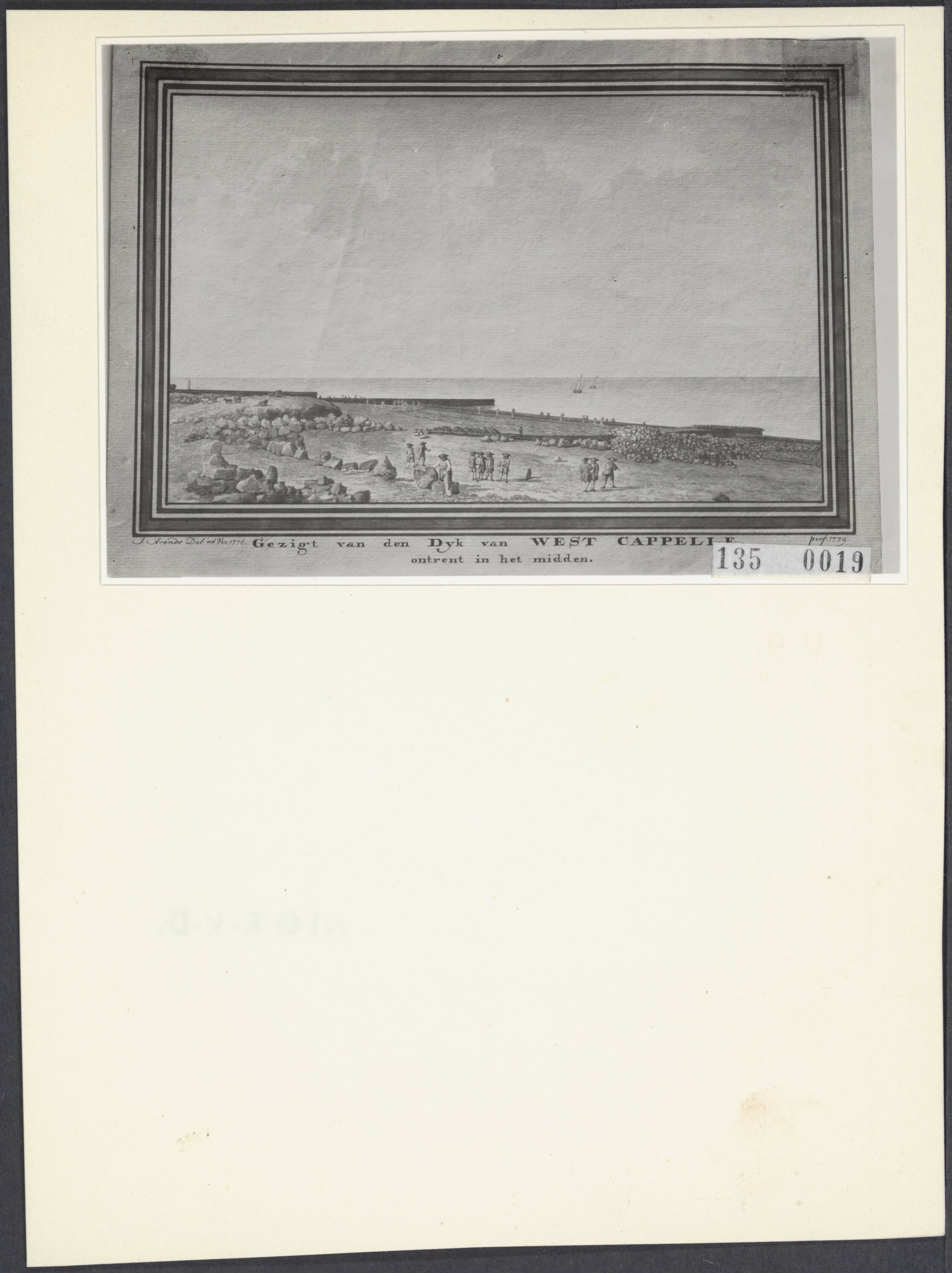Fotocollectie Rijksvoorlichtingsdienst Eigen — Tekening van J. Arends uit 1776 van de dijk bij Wetskapelle 'omtrent in het midden'. Op de dijk brokken natuursteen die door dijkwerkers tegen de dijkvoet worden geplaatst — Foto: Rijksvoorlichtingsdienst (RVD). Licentie: Set B: Rechtenvrij / Publiek Domein. Bron: Nationaal Archief. http://hdl.handle.net/10648/af5f8874-d0b4-102d-bcf8-003048976d84