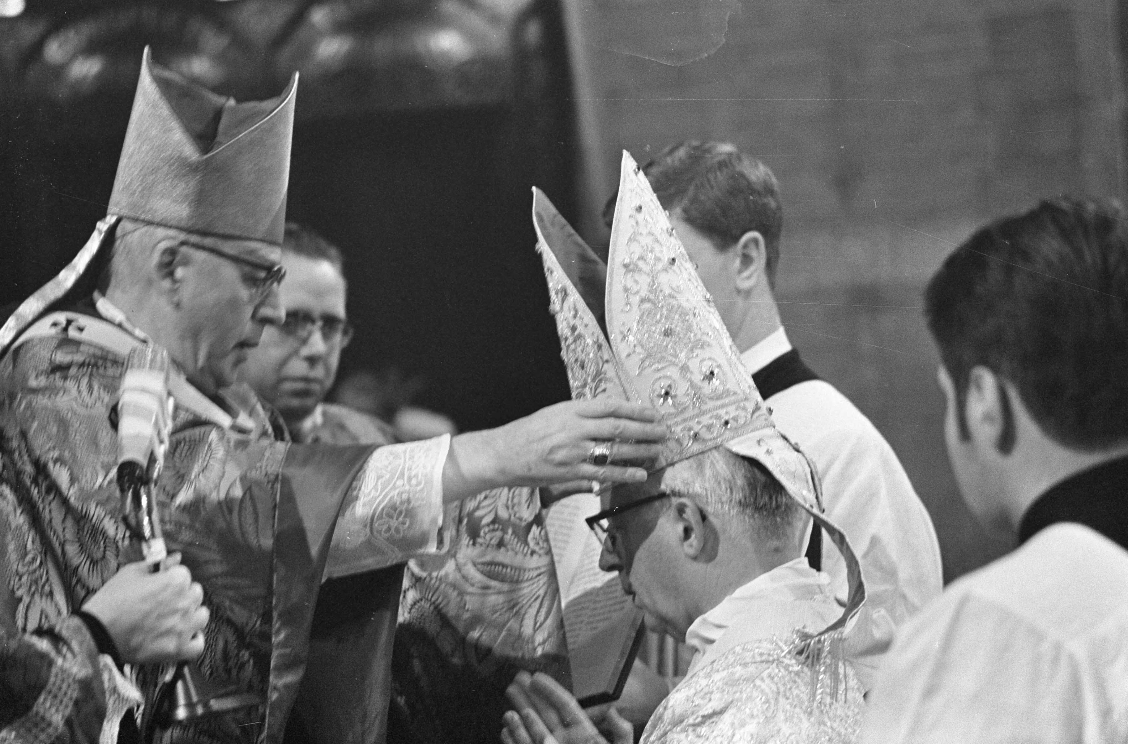 Bisschopswijding van mgr. drs. Th.N.J. Zwartkruis in St. Bavo te Haarlem — Zijne excellentie kardinaal Alfrink plaatst de mijter op het hoofd van mgr. drs. Th.N.J. Zwartkruis — Foto: Fotograaf Onbekend / Anefo. Licentie: Set B: Rechtenvrij / Publiek Domein. Bron: Nationaal Archief. http://hdl.handle.net/10648/ab014d4e-d0b4-102d-bcf8-003048976d84