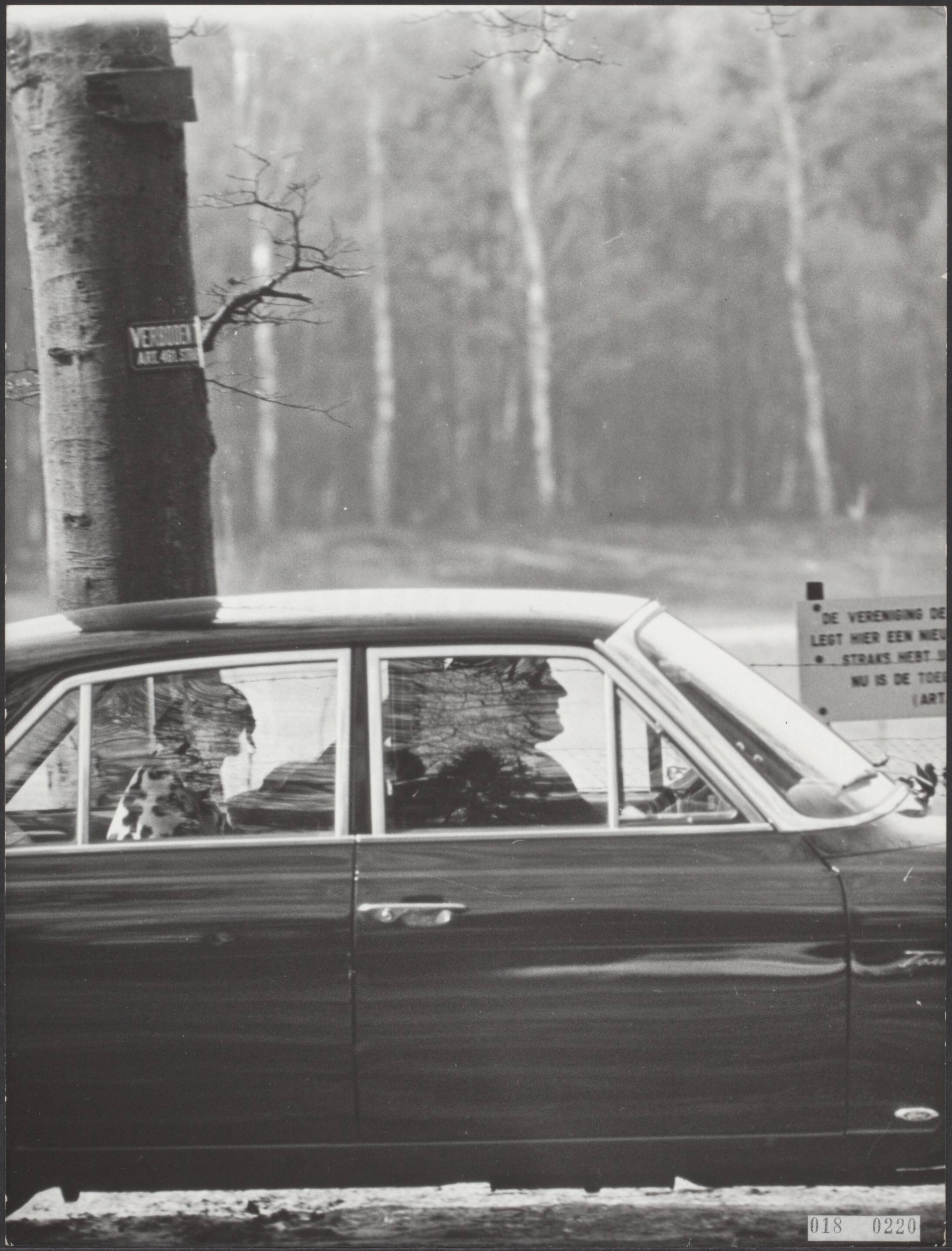 Fotocollectie Elsevier Binnenland — Om half drie in de middag reed een chauffeur prinses Beatrix naar het paleis Soestdijk. Om de persfotografen te mijden, reed de auto over de hobbelige en smalle bospaadjes achter Drankensteyn binnendoor naar het paleis Soestdijk. De prinses ging bijna geheel verscholen achter een groen hoofddoekje. Achterin de dalmatiër Joris, de hond van de prinses — Foto: Kroon, Ron / Anefo. Licentie: Set B: Rechtenvrij / Publiek Domein. Bron: Nationaal Archief. http://hdl.handle.net/10648/adc1998a-d0b4-102d-bcf8-003048976d84