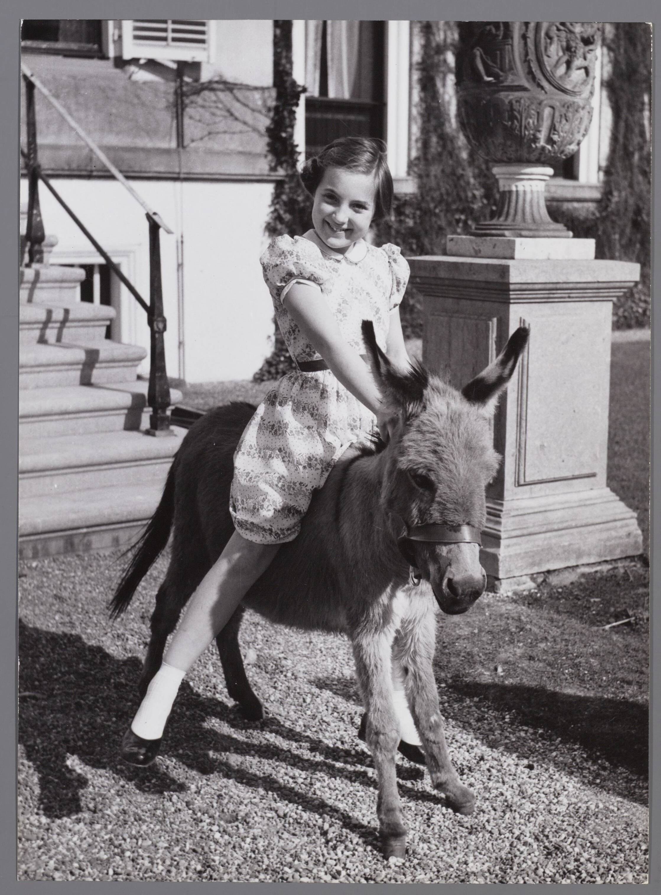 Fotocollectie RVD / Koninklijk Huis — Prinses Margriet met een ezel bij Paleis Soestdijk — Foto: Reijken, Tiemen van der / RVD. Licentie: Set B: Rechtenvrij / Publiek Domein. Bron: Nationaal Archief. http://hdl.handle.net/10648/afae6408-d0b4-102d-bcf8-003048976d84