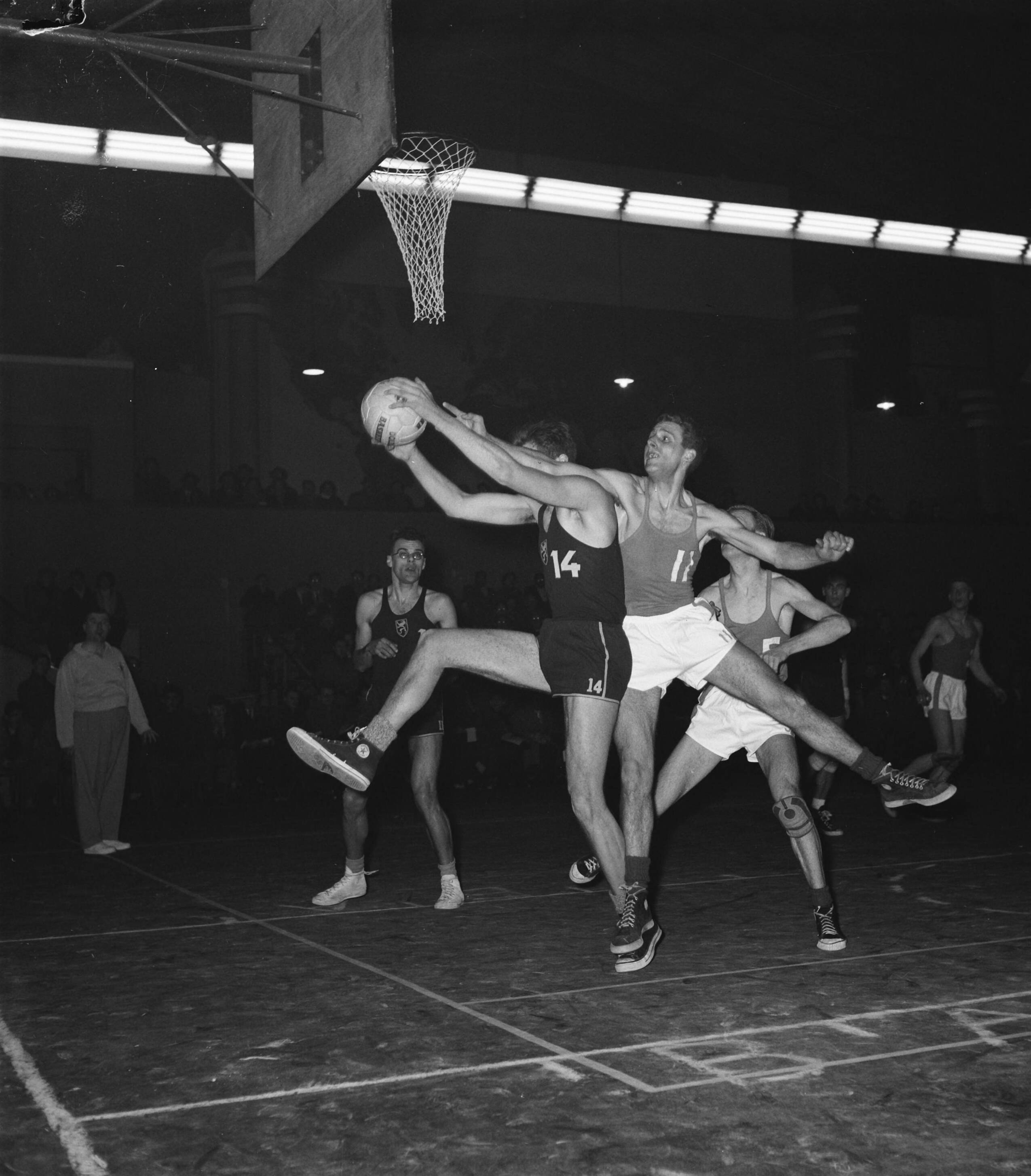 Fotocollectie Anefo — Basketbal. Landenwedstrijd Nederland tegen België in Den Haag. Spelmoment — Foto: Behrens, Herbert F. / Anefo. Licentie: Set B: Rechtenvrij / Publiek Domein. Bron: Nationaal Archief. http://hdl.handle.net/10648/a9435786-d0b4-102d-bcf8-003048976d84
