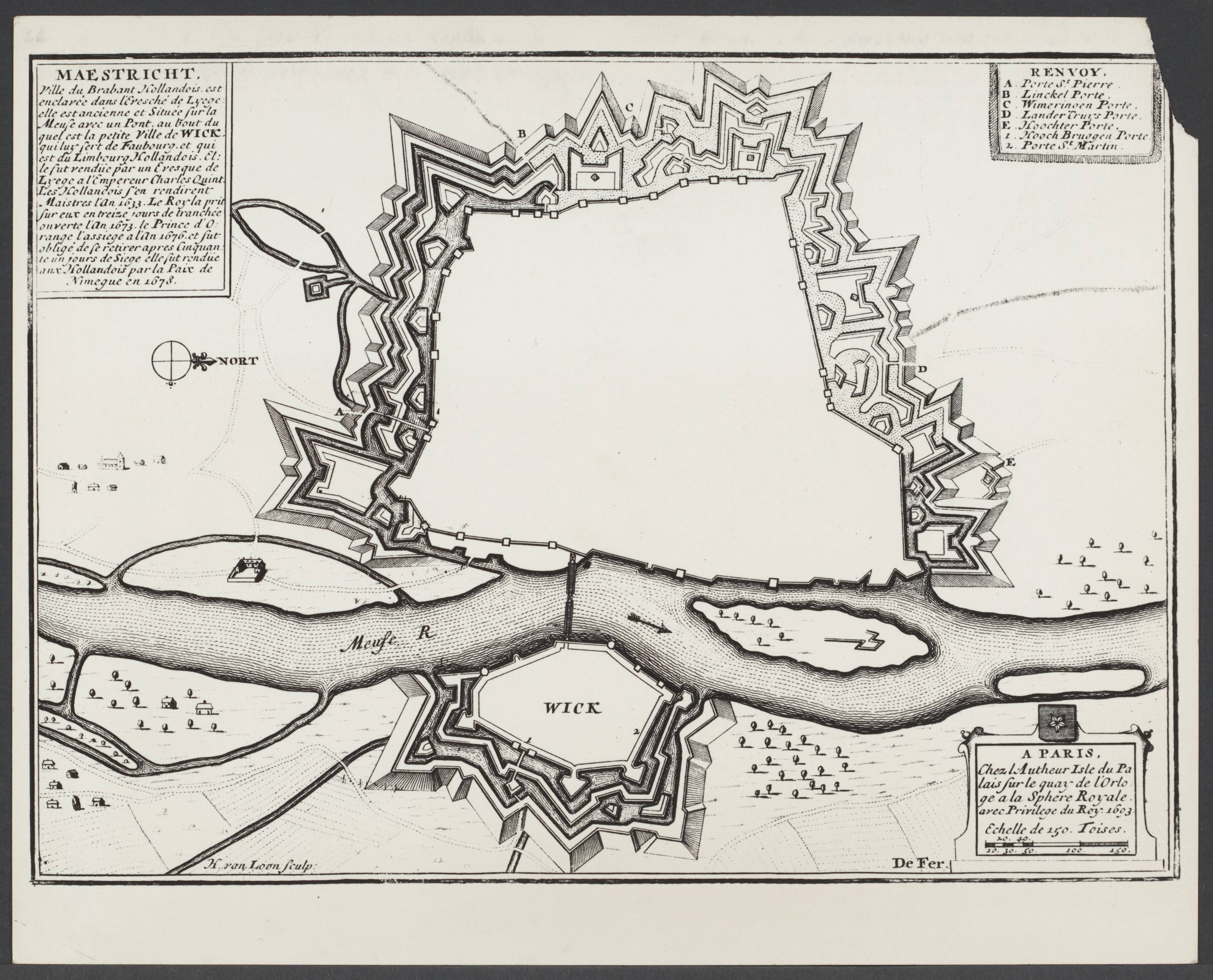 Maastricht I - Algemeen — Franse kaart van de vestingwerken rond Maastricht en Wijck uit 1693 — Foto: Onbekend / Publiek Domein of Rechtenvrij. Licentie: Set B: Rechtenvrij / Publiek Domein. Bron: Nationaal Archief. http://hdl.handle.net/10648/3ba87758-aae6-06dc-0ae2-8e503479bca2