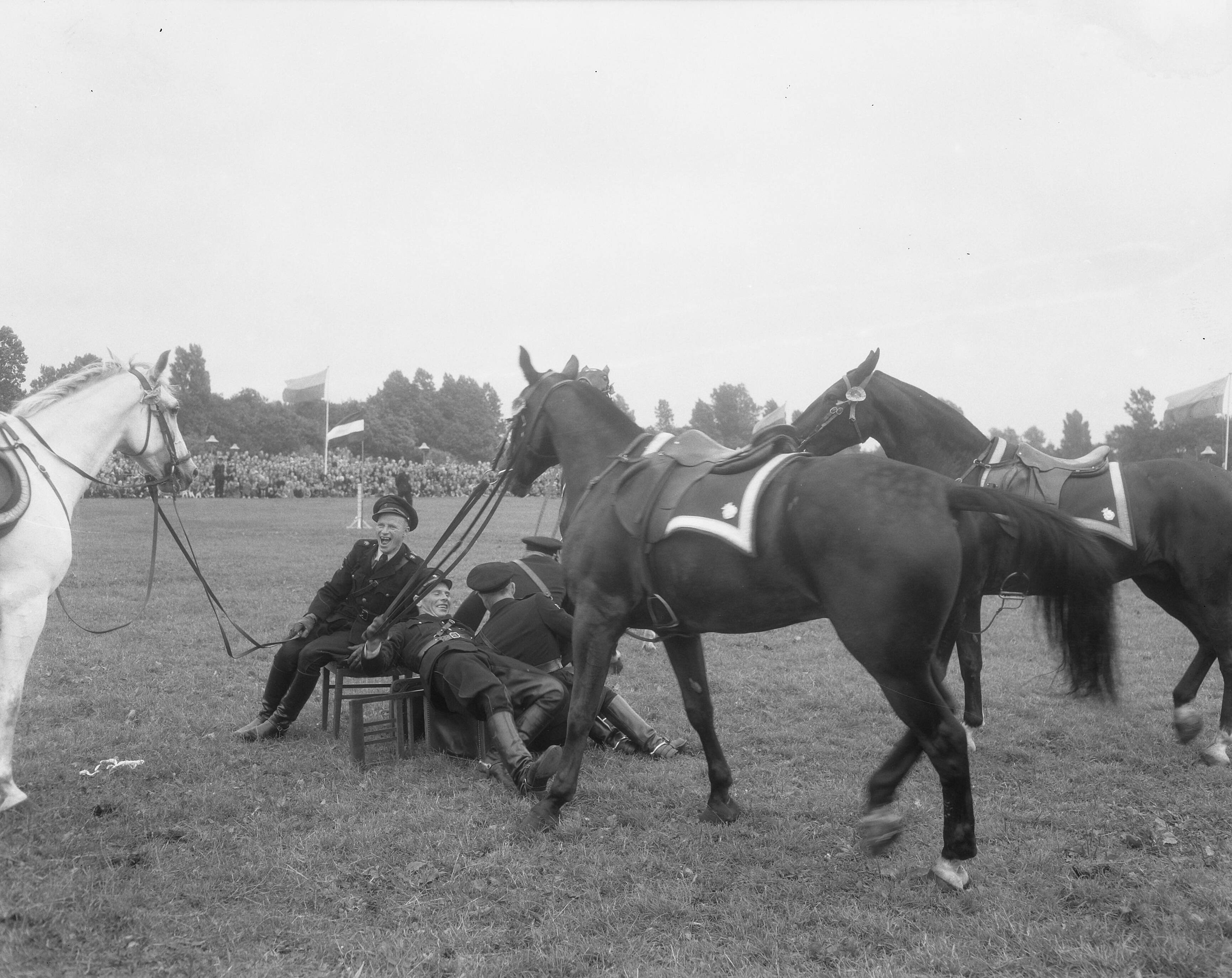 Fotocollectie Anefo — Vakantieweek Den Haag, Politiefeest. Stoelendans van de bereden politie — Foto: Duinen, G.W. van / Anefo. Licentie: Set B: Rechtenvrij / Publiek Domein. Bron: Nationaal Archief. http://hdl.handle.net/10648/a9268df4-d0b4-102d-bcf8-003048976d84