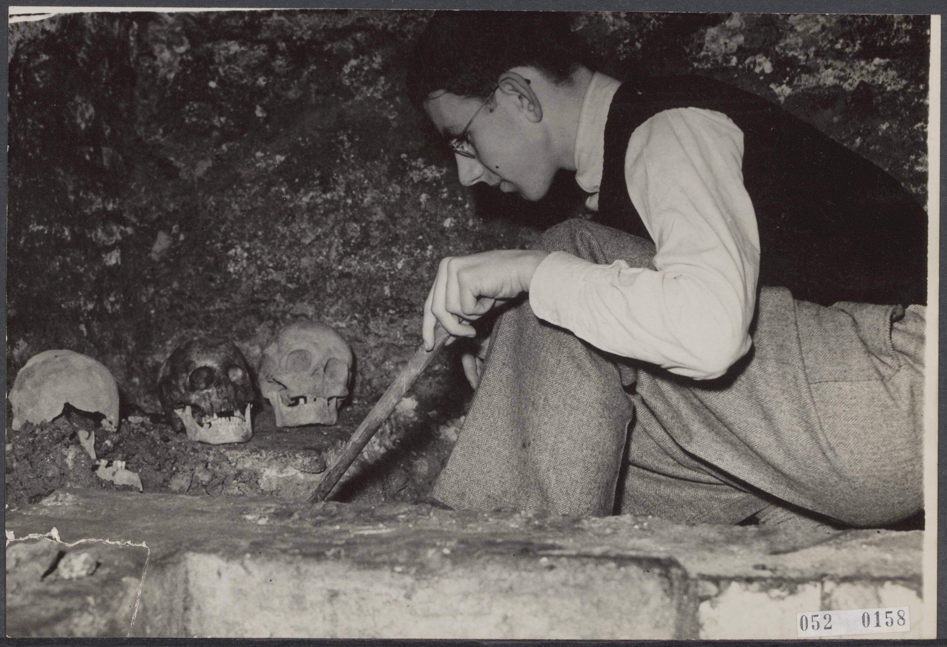 Fotocollectie Elsevier Binnenland — Haarlemse scholier genaamd Frans Damen verricht opgravingen onder de drukkerij van zijn vader in de Spaarnwouderstraat, waar volgens de geschiedenisles op school een Augustijnerkapel uit de 15de eeuw moet hebben gestaan. De jeugdige oudheidkundige bij het stuk muur dat hij aan de oppervlakte heeft gebracht, terwijl ook enige doodskoppen werden opgegraven. Sedert 5 januari j.l. graaft Frans Damen — Foto: Oorschot, […] van / Anefo. Licentie: Set B: Rechtenvrij / Publiek Domein. Bron: Nationaal Archief. http://hdl.handle.net/10648/ae054ffe-d0b4-102d-bcf8-003048976d84