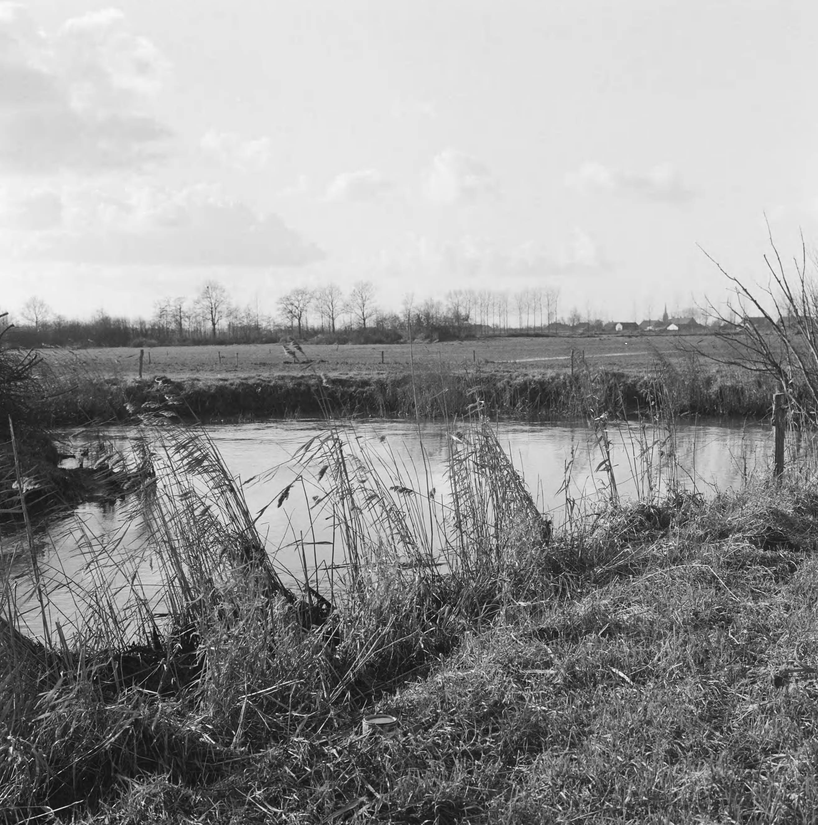 Fotocollectie Nederlandse Heidemaatschappij — Ruilverkaveling Essche Stroom vak III (bestaande toestand). De Essche Stroom ongeveer in het midden van Vak III. Op de achtergrond de kerktoren van Haaren — Foto: Wüllschleger, [...] / Heidemij. Licentie: Set B: Rechtenvrij / Publiek Domein. Bron: Nationaal Archief. http://hdl.handle.net/10648/ae745a3e-d0b4-102d-bcf8-003048976d84