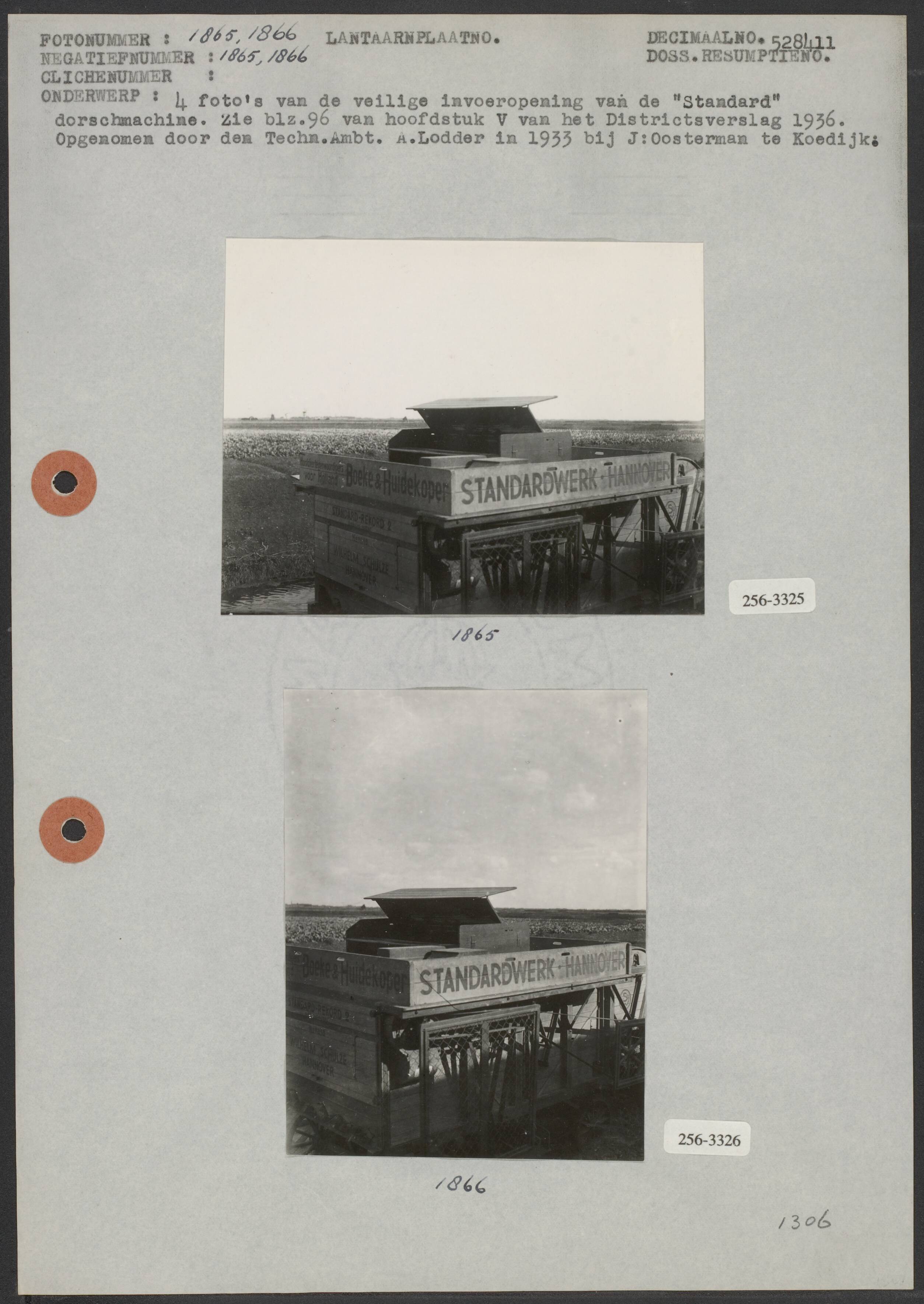 Landbouwwerktuigen — Foto 1: Veilige invoeropening van de 'Standard' dorsmachine; foto is gemaakt bij J. Oosterman te Koedijk (8x11 cm; A. Lodder) Foto 2: Veilige invoeropening van de 'Standard' dorsmachine; foto is gemaakt bij J. Oosterman te Koedijk (8x11 cm; A. Lodder) — Foto: Lodder, Aart / Arbeidsinpectie. Licentie: Set B: Rechtenvrij / Publiek Domein. Bron: Nationaal Archief. http://hdl.handle.net/10648/b018ebd4-d0b4-102d-bcf8-003048976d84