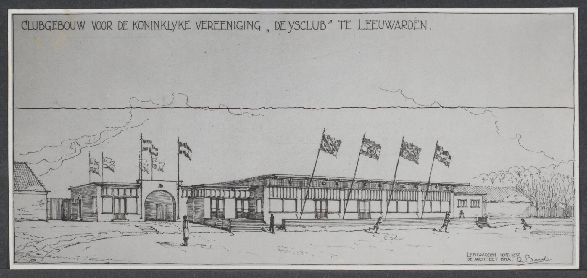 Leeuwarden (Ljouwert) VI - Gebouwen — Leeuwarden. Presentatietekening, dd. 1-10-1937 van het clubgebouw van de Koninklijke vereniging "De Ysclub" te Leeuwarden door architect A. Baart — Foto: Onbekend / Publiek Domein of Rechtenvrij. Licentie: Set B: Rechtenvrij / Publiek Domein. Bron: Nationaal Archief. http://hdl.handle.net/10648/7edbcc72-65ce-d551-0b30-ee1b4db65f3c