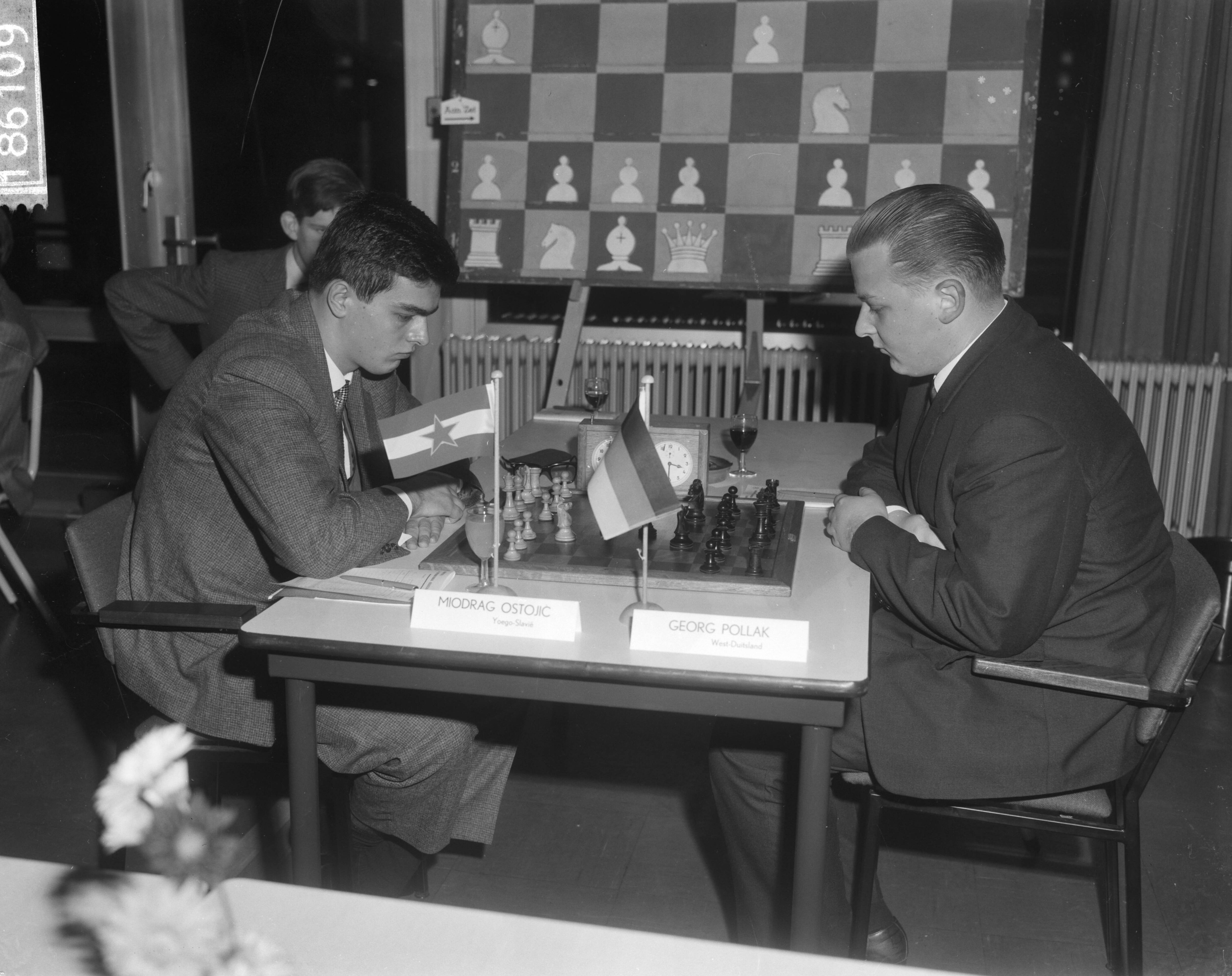 Fotocollectie Anefo — Internationaal Jeugd Schaaktoernooi te Groningen, Miodrag Ostojic (Joegoslavië) en George Polak (West-Duitsland) — Foto: Bilsen, Joop van / Anefo. Licentie: Set B: Rechtenvrij / Publiek Domein. Bron: Nationaal Archief. http://hdl.handle.net/10648/aad41216-d0b4-102d-bcf8-003048976d84