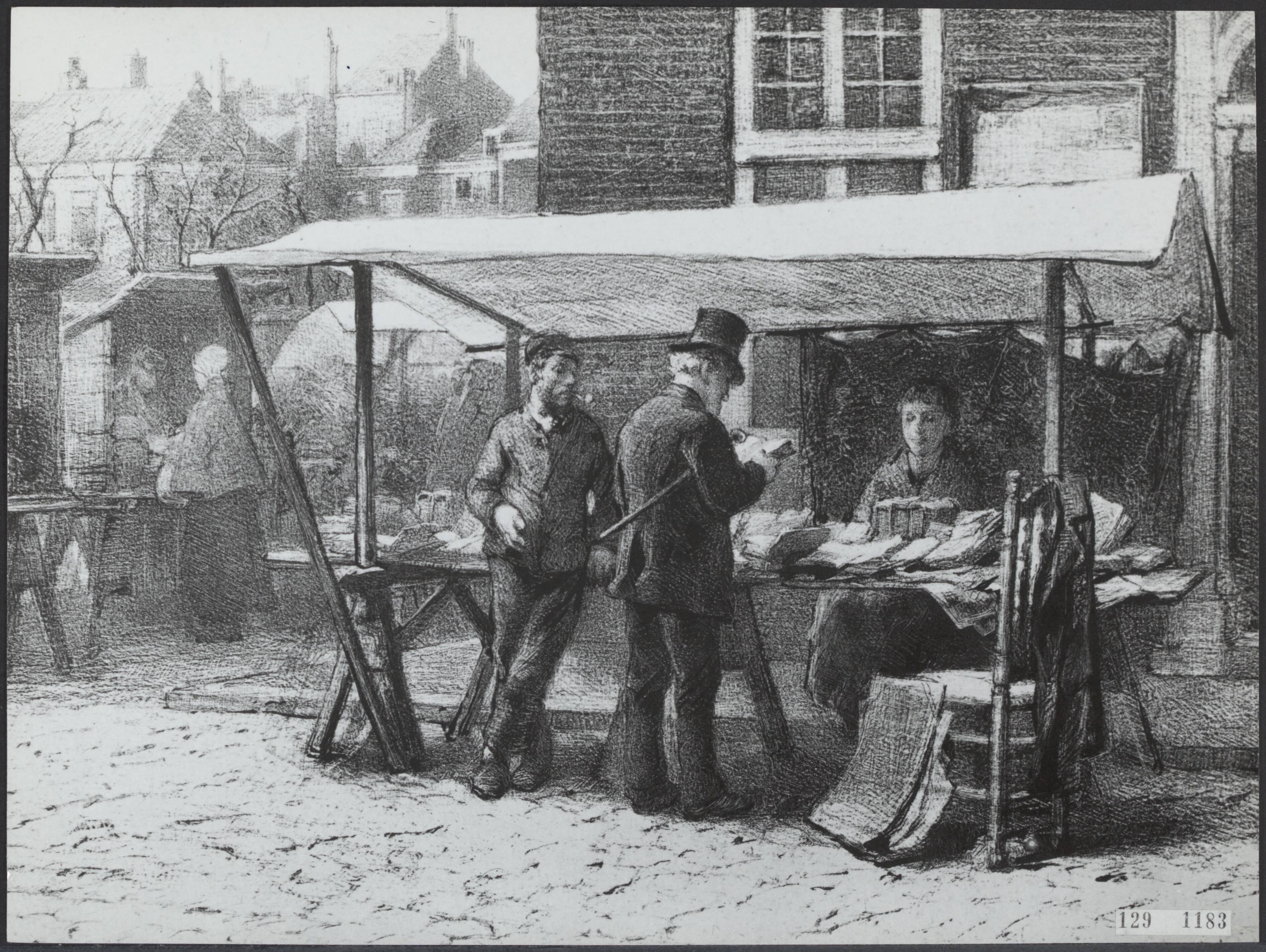 Fotocollectie Rijksvoorlichtingsdienst Eigen — Boekenstalletje van Blok op Grote Markt te 's-Gravenhage, 2e helft 19e eeuw. Gravure — Foto: Fotodienst Gemeente Den Haag. Licentie: Set B: Rechtenvrij / Publiek Domein. Bron: Nationaal Archief. http://hdl.handle.net/10648/af48ebc8-d0b4-102d-bcf8-003048976d84