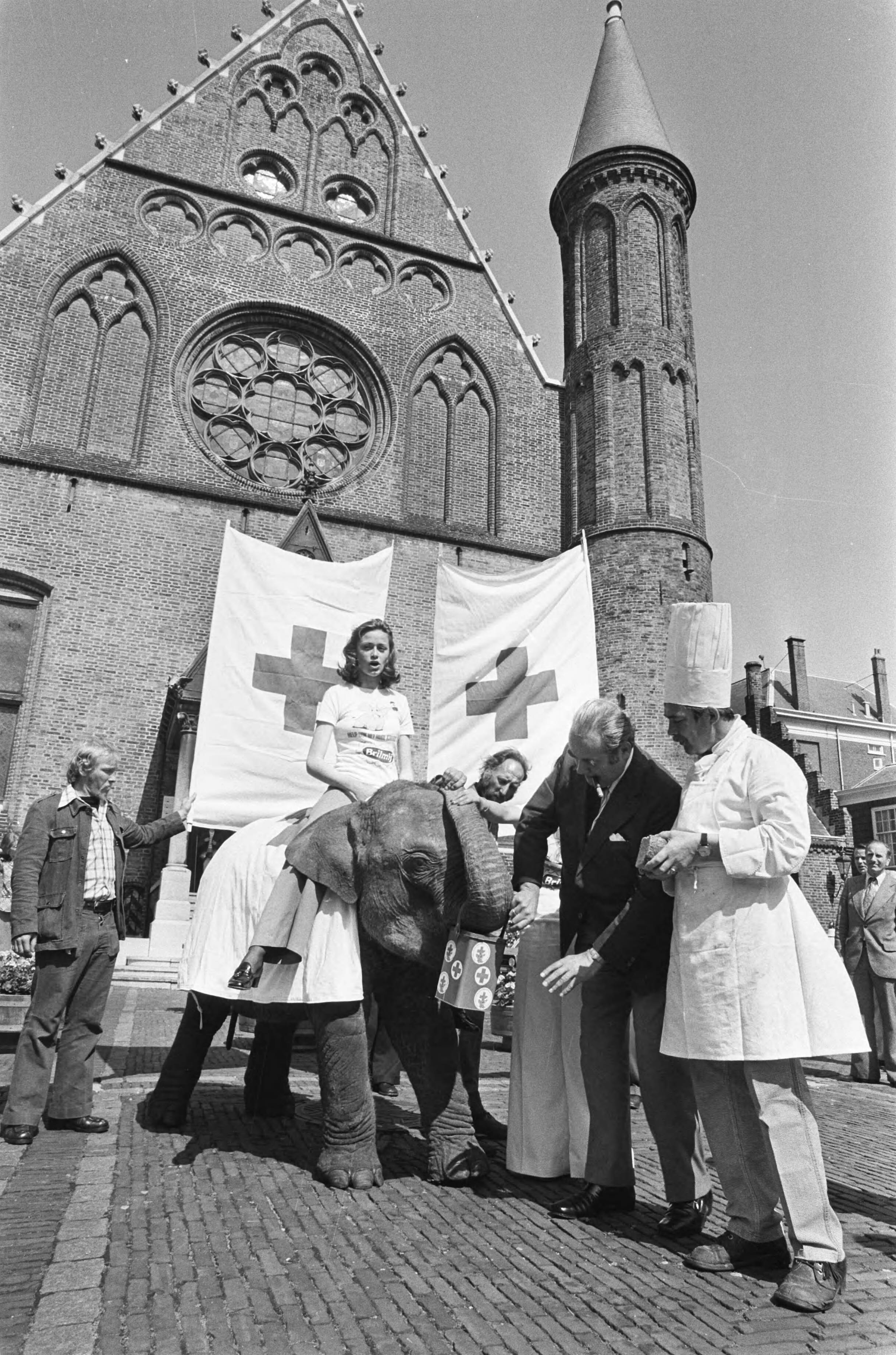 Persconferentie van het Rode Kruis in Den Haag — Joop Geesink en de olifant-mascotte op het Binnenhof — Foto: Mieremet, Rob / Anefo. Licentie: Set B: Rechtenvrij / Publiek Domein. Bron: Nationaal Archief. http://hdl.handle.net/10648/ac68e76e-d0b4-102d-bcf8-003048976d84