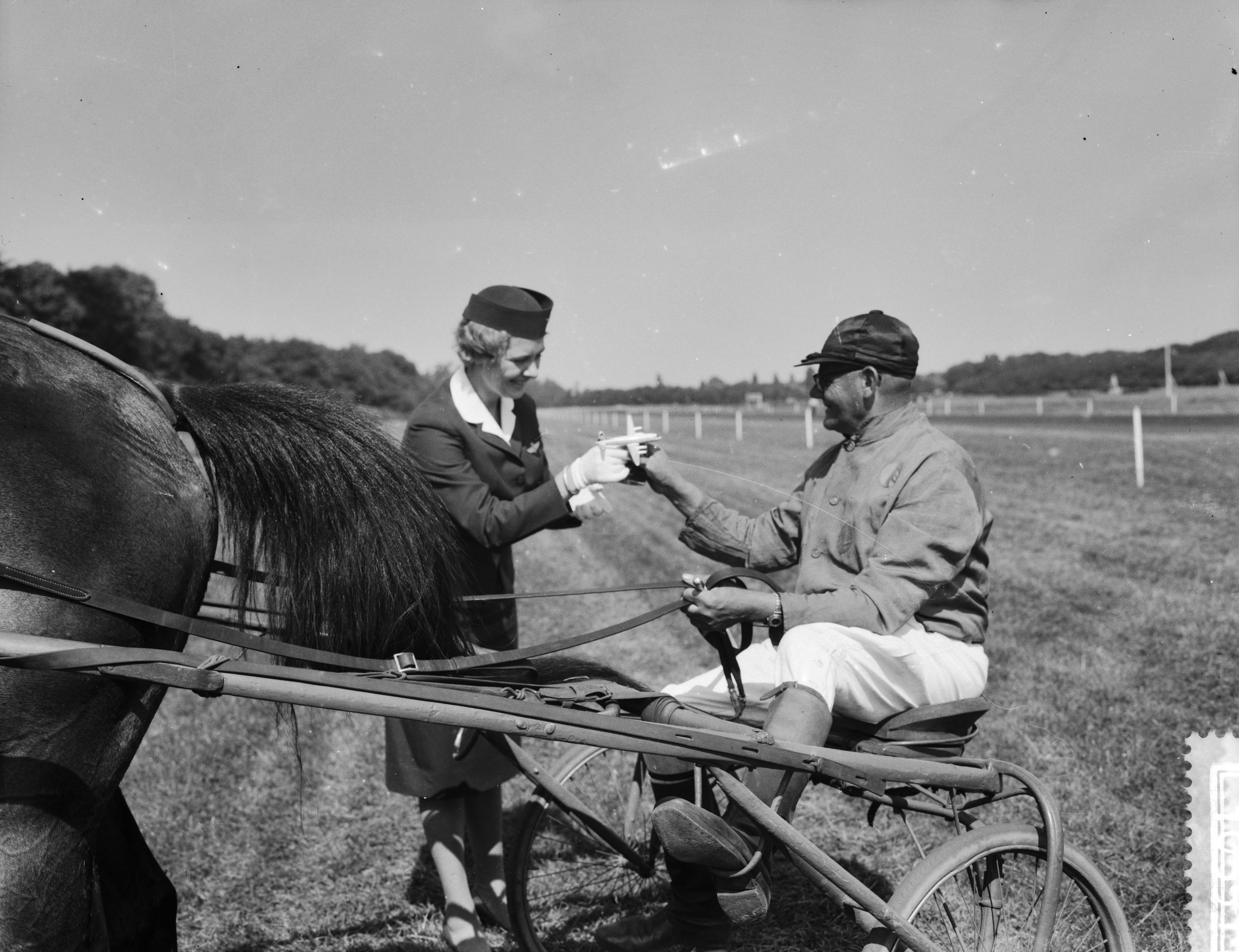 Fotocollectie Anefo — Draverijen gewijd aan de KLM op Duindigt, mr. T. Hames stewardess bij de KLM feliciteert de pikeur J. P. de Vlieger, die drie draverijen won — Foto: Rossem, Wim van / Anefo. Licentie: Set B: Rechtenvrij / Publiek Domein. Bron: Nationaal Archief. http://hdl.handle.net/10648/a999bba8-d0b4-102d-bcf8-003048976d84