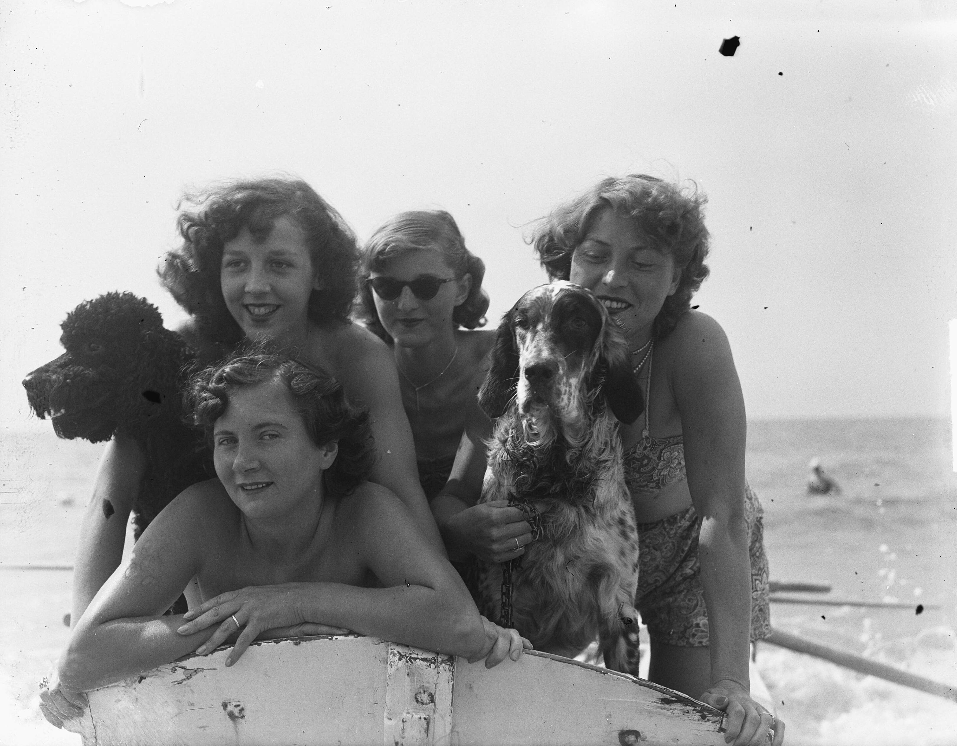Badseizoen Zandvoort. Dames — Badseizoen Zandvoort. Dames op het strand (met honden) — Foto: Pot, Harry / Anefo. Licentie: Set B: Rechtenvrij / Publiek Domein. Bron: Nationaal Archief. http://hdl.handle.net/10648/a8dbb9e6-d0b4-102d-bcf8-003048976d84