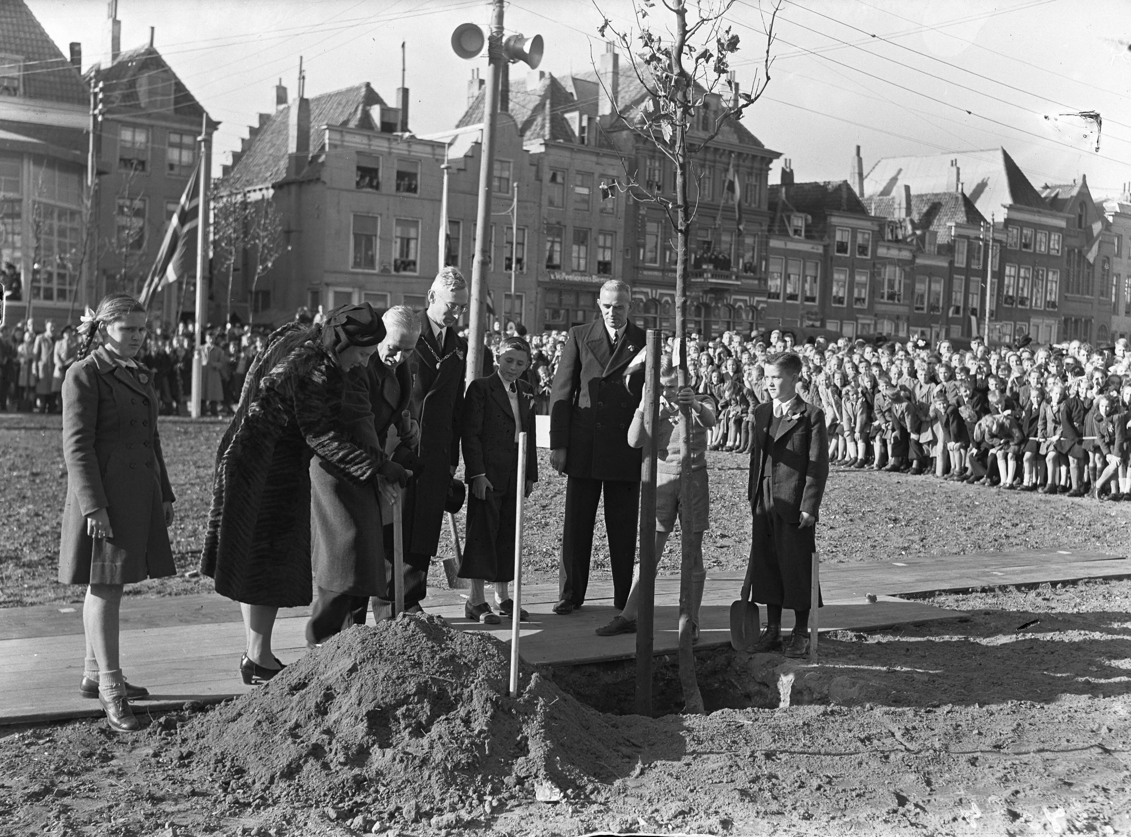 Fotocollectie Anefo — Opening Boomplantdag op Walcheren door prinses Juliana, in gezelschap van prins Bernhard. Prinses Juliana plant een boom in het Bellamypark te Vlissingen — Foto: Sagers, Harry / Anefo. Licentie: Set B: Rechtenvrij / Publiek Domein. Bron: Nationaal Archief. http://hdl.handle.net/10648/a8af1ed6-d0b4-102d-bcf8-003048976d84