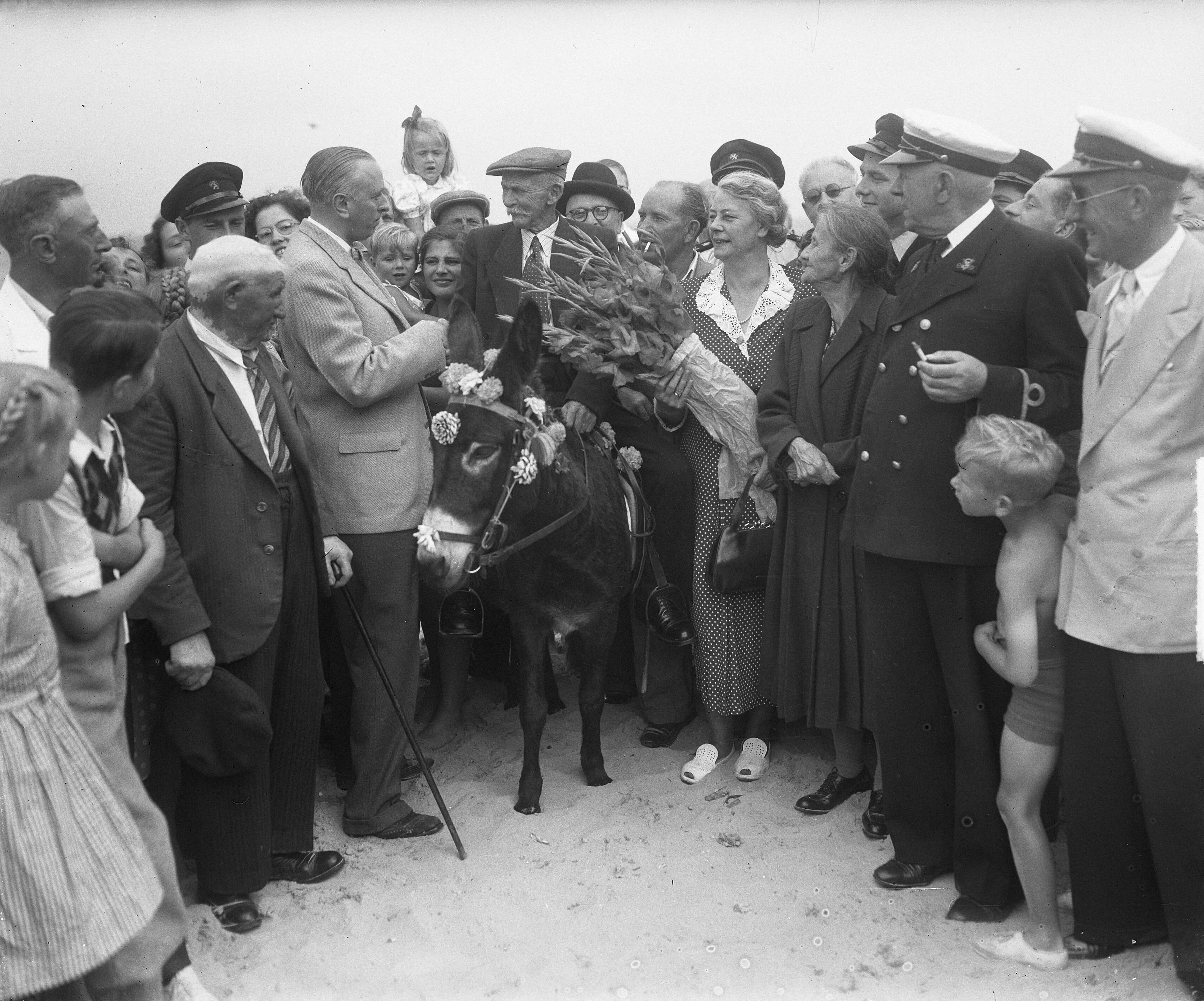 Fotocollectie Anefo — De 77-jarige heer Nutbey viert zijn 65-jarige jubileum als "Ezelman" op het strand van Scheveningen. Hij wordt gefeliciteerd door de heer Adema Zijlstra, gedelegeerde van de Maatschappij Zeebad — Foto: Winterbergen, Rolf / Anefo. Licentie: Set B: Rechtenvrij / Publiek Domein. Bron: Nationaal Archief. http://hdl.handle.net/10648/a8de2a32-d0b4-102d-bcf8-003048976d84
