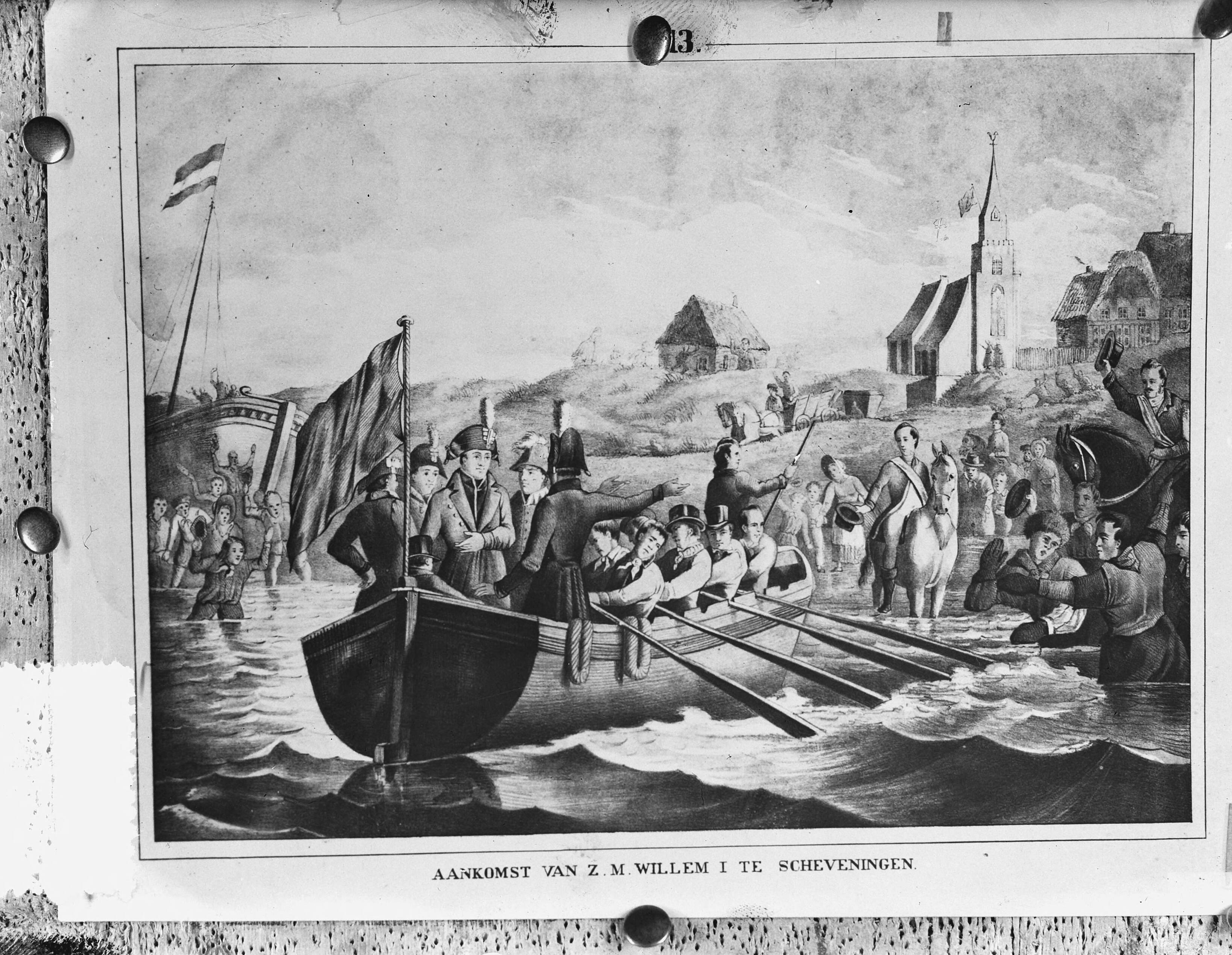 Fotocollectie Anefo — Gravure "Aankomst Willem I Scheveningen 1813" — Foto: Doka / Anefo. Licentie: Set B: Rechtenvrij / Publiek Domein. Bron: Nationaal Archief. http://hdl.handle.net/10648/a9064e36-d0b4-102d-bcf8-003048976d84