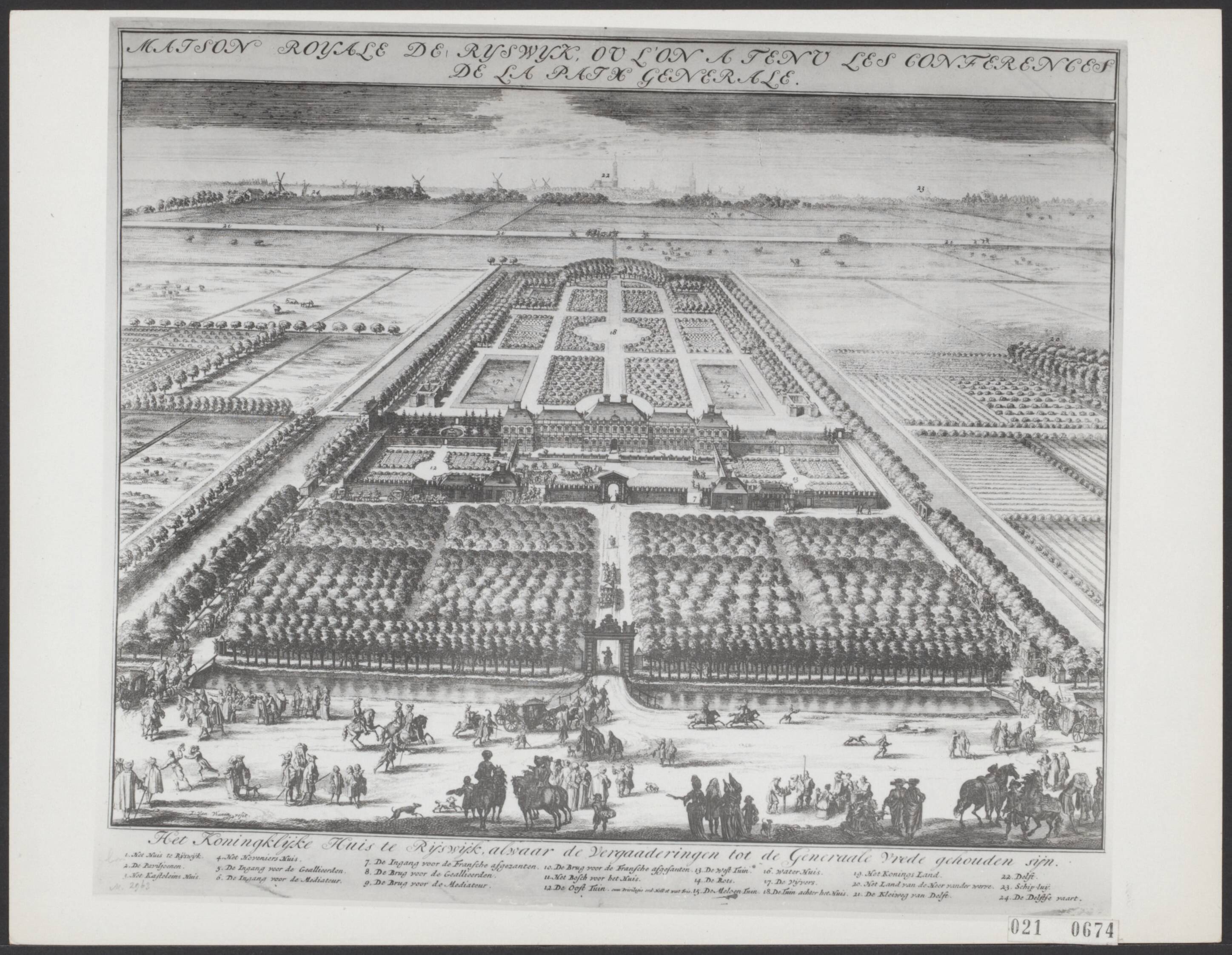 Fotocollectie Elsevier Binnenland — "Maison Royale de Ryswyck ou l'on a tenu les conferences de la paix generale" [Gravure Huis te Rijswijk in vogelvlucht] — Foto: Dienst Gemeentewerken Rotterdam. Licentie: Set B: Rechtenvrij / Publiek Domein. Bron: Nationaal Archief. http://hdl.handle.net/10648/adcfcf1e-d0b4-102d-bcf8-003048976d84