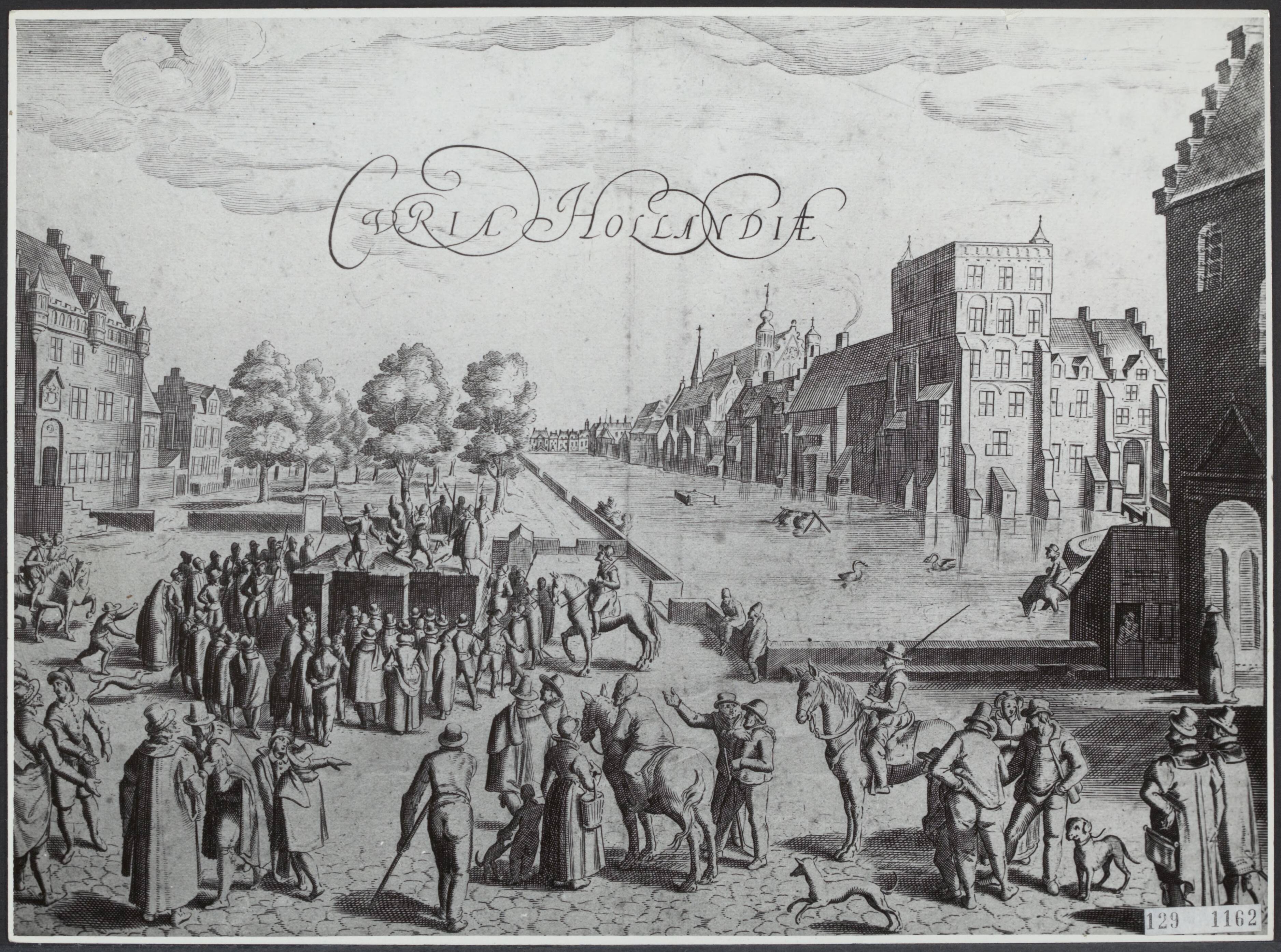 Fotocollectie Rijksvoorlichtingsdienst Eigen — Den Haag. Gezicht vanaf de Plaats op de Vijverberg, de Hofvijver en het Binnenhof. Op een schavot (het Groene Zoodje) wordt een doodvonnis voltrokken met het zwaard. Gravure begin 17de eeuw — Foto: Fotodienst Gemeente Den Haag. Licentie: Set B: Rechtenvrij / Publiek Domein. Bron: Nationaal Archief. http://hdl.handle.net/10648/af48db24-d0b4-102d-bcf8-003048976d84