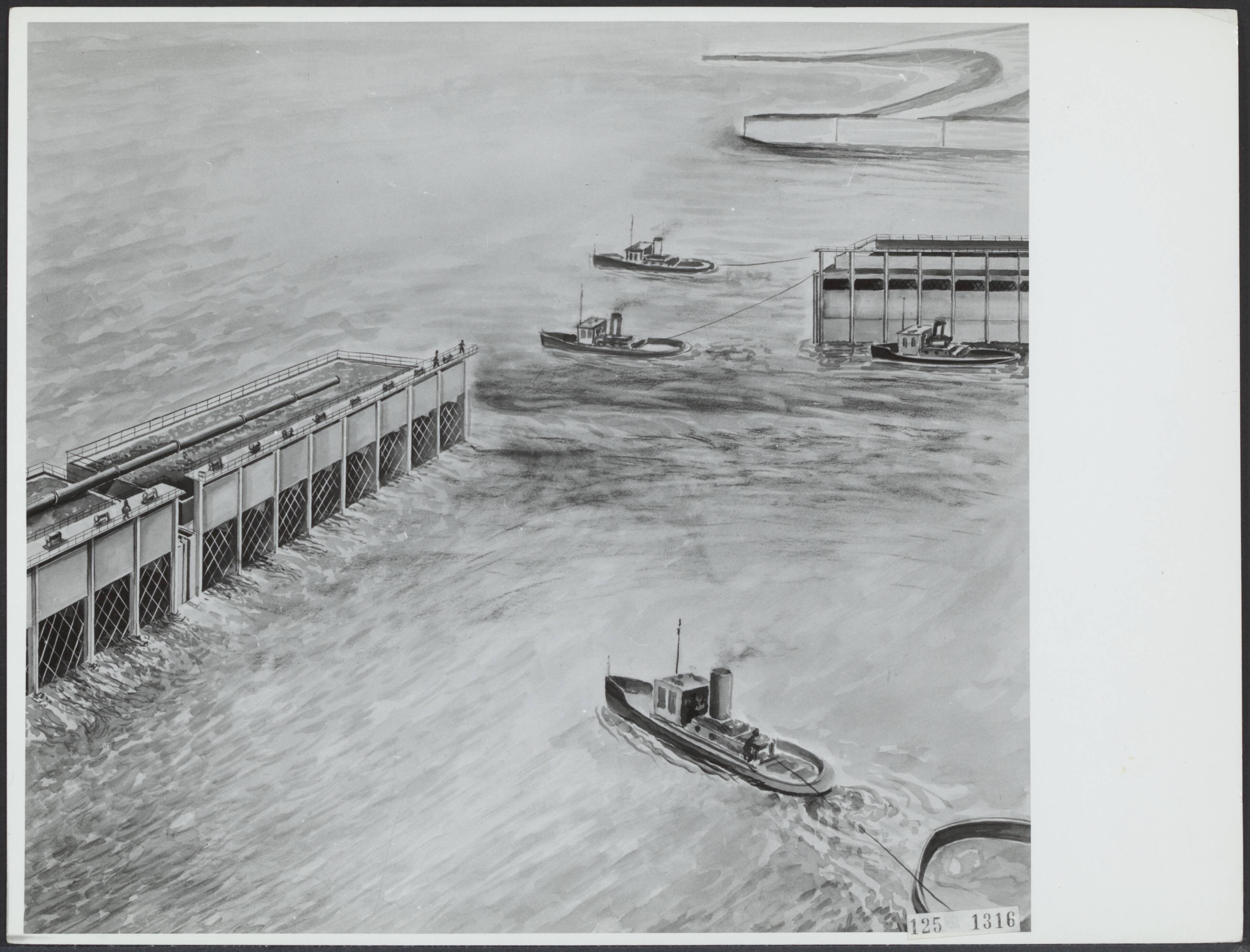 Deltawerken, kaarten en maquettes [RVD] — Deltawerken. Tekening impressie doorlaatcaissons Veerse Gat — Foto: Rijksvoorlichtingsdienst (RVD). Licentie: Set B: Rechtenvrij / Publiek Domein. Bron: Nationaal Archief. http://hdl.handle.net/10648/af390b04-d0b4-102d-bcf8-003048976d84