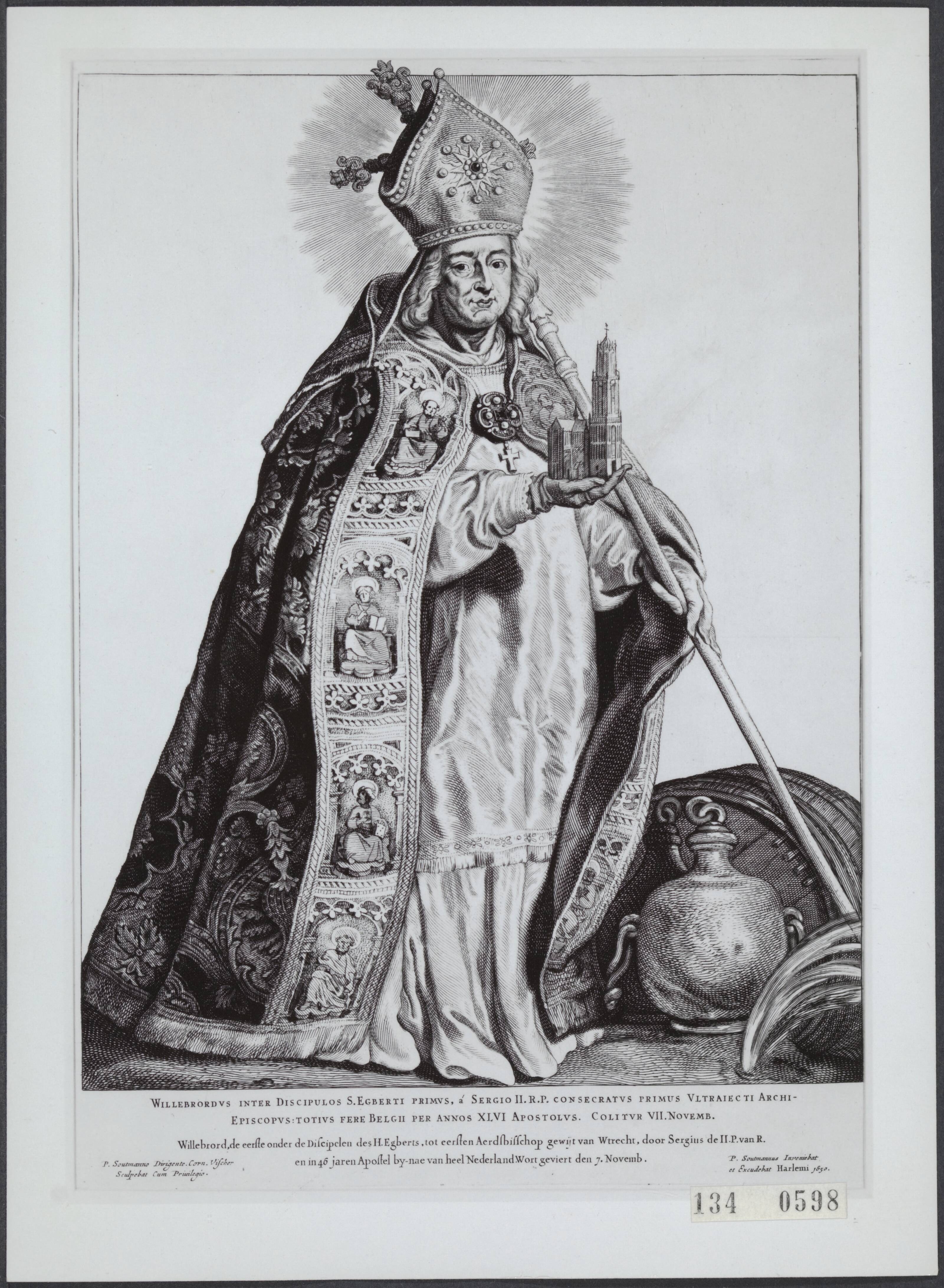 Historie / personen — Willibrord (657-739), missionaris en bisschop. Gravure van Cornelis Visscher — Foto: Rijksmuseum Amsterdam. Licentie: Set B: Rechtenvrij / Publiek Domein. Bron: Nationaal Archief. http://hdl.handle.net/10648/af5d0888-d0b4-102d-bcf8-003048976d84