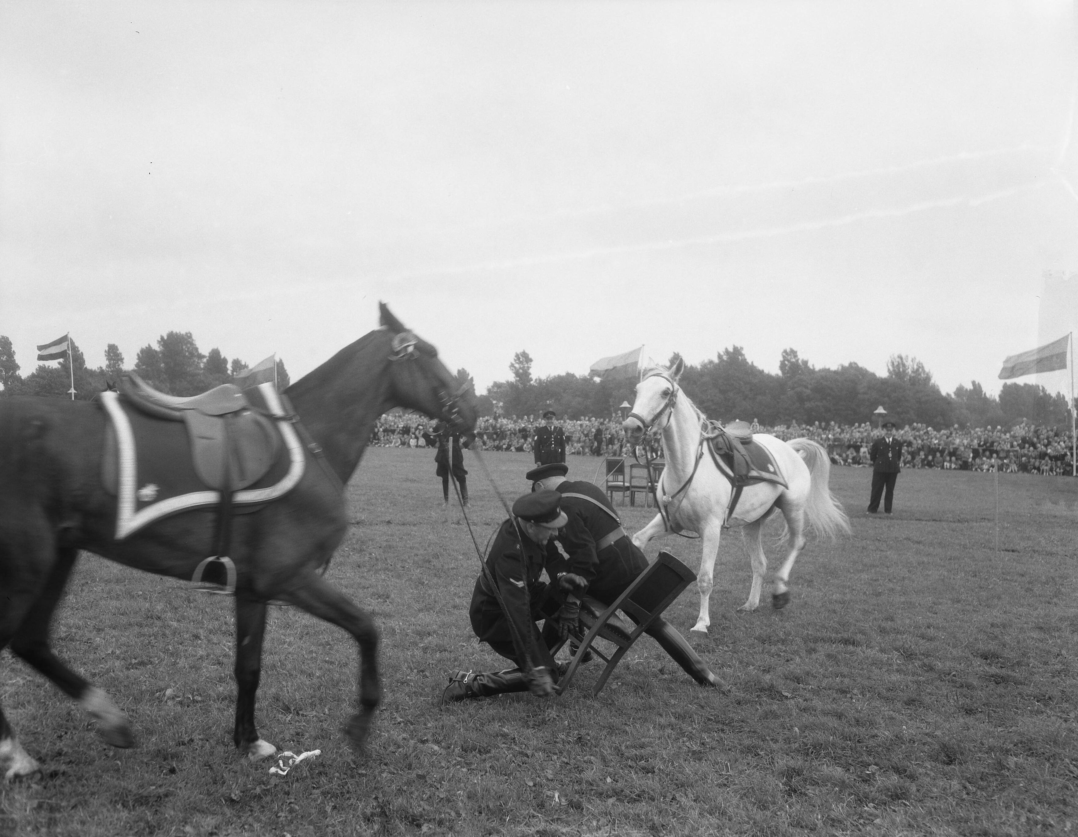 Fotocollectie Anefo — Vakantieweek Den Haag, Politiefeest. Stoelendans van de bereden politie — Foto: Duinen, G.W. van / Anefo. Licentie: Set B: Rechtenvrij / Publiek Domein. Bron: Nationaal Archief. http://hdl.handle.net/10648/a9268b92-d0b4-102d-bcf8-003048976d84