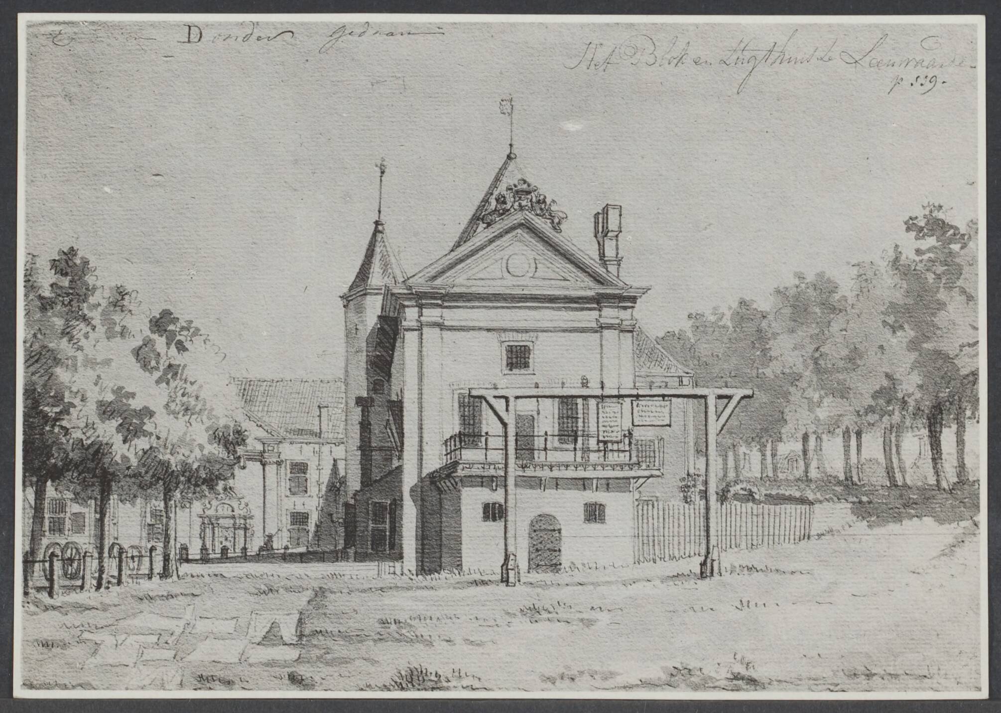 Leeuwarden (Ljouwert) VI - Gebouwen — Leeuwarden. Tekening uit ca.1790 van het Blokhuis met (l) het Huis van Tuchtiging en Opsluiting en de galg — Foto: Onbekend / Publiek Domein of Rechtenvrij. Licentie: Set B: Rechtenvrij / Publiek Domein. Bron: Nationaal Archief. http://hdl.handle.net/10648/a793d94f-25b6-eaef-6af2-e6d6d3393dce
