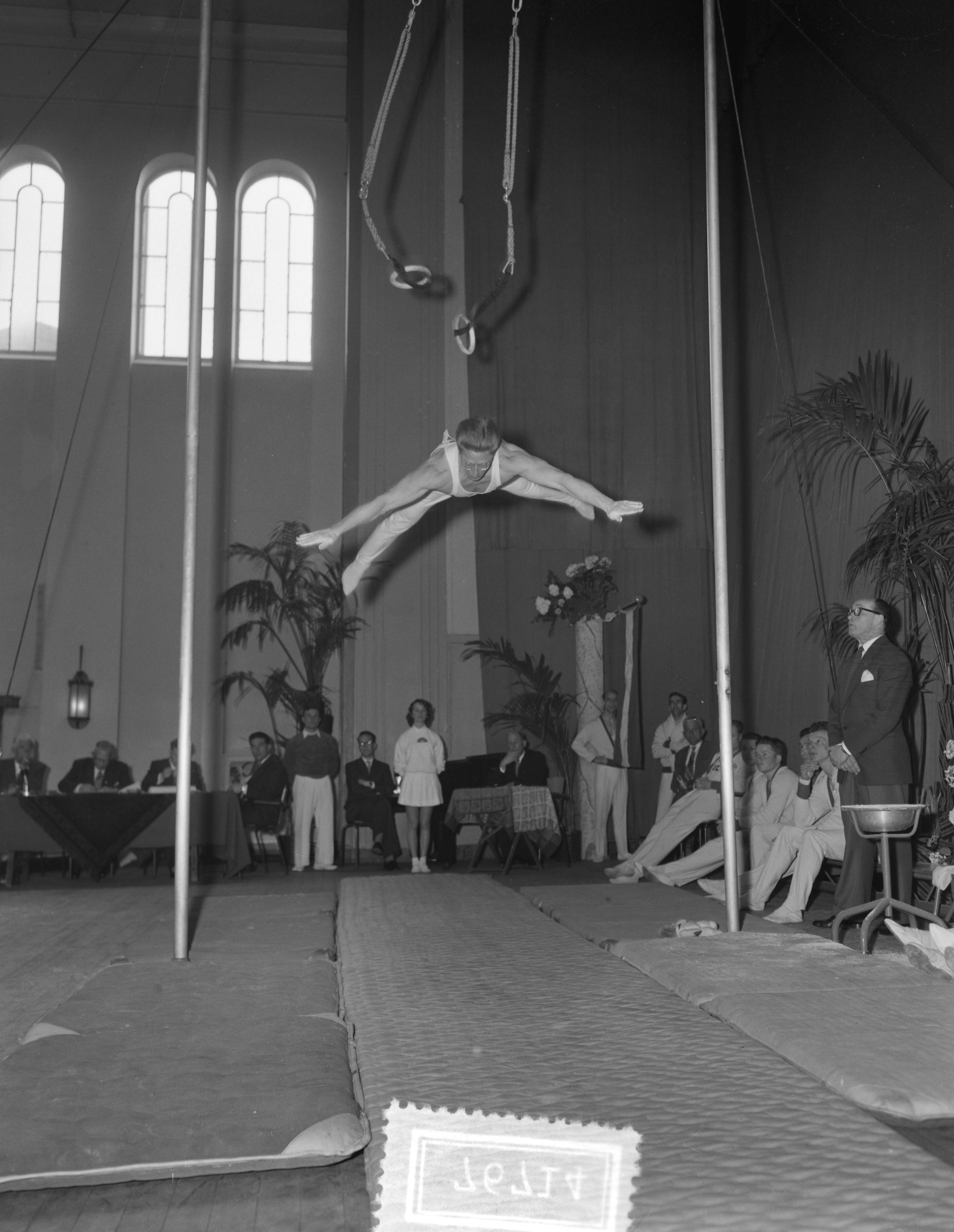 Fotocollectie Anefo — Turnen. Landenwedstrijd Nederland tegen Denemarken te Haarlem. Elkana Grønne (Denemarken) tijdens afsprong onderdeel ringen — Foto: Pot, Harry / Anefo. Licentie: Set B: Rechtenvrij / Publiek Domein. Bron: Nationaal Archief. http://hdl.handle.net/10648/a94564ae-d0b4-102d-bcf8-003048976d84