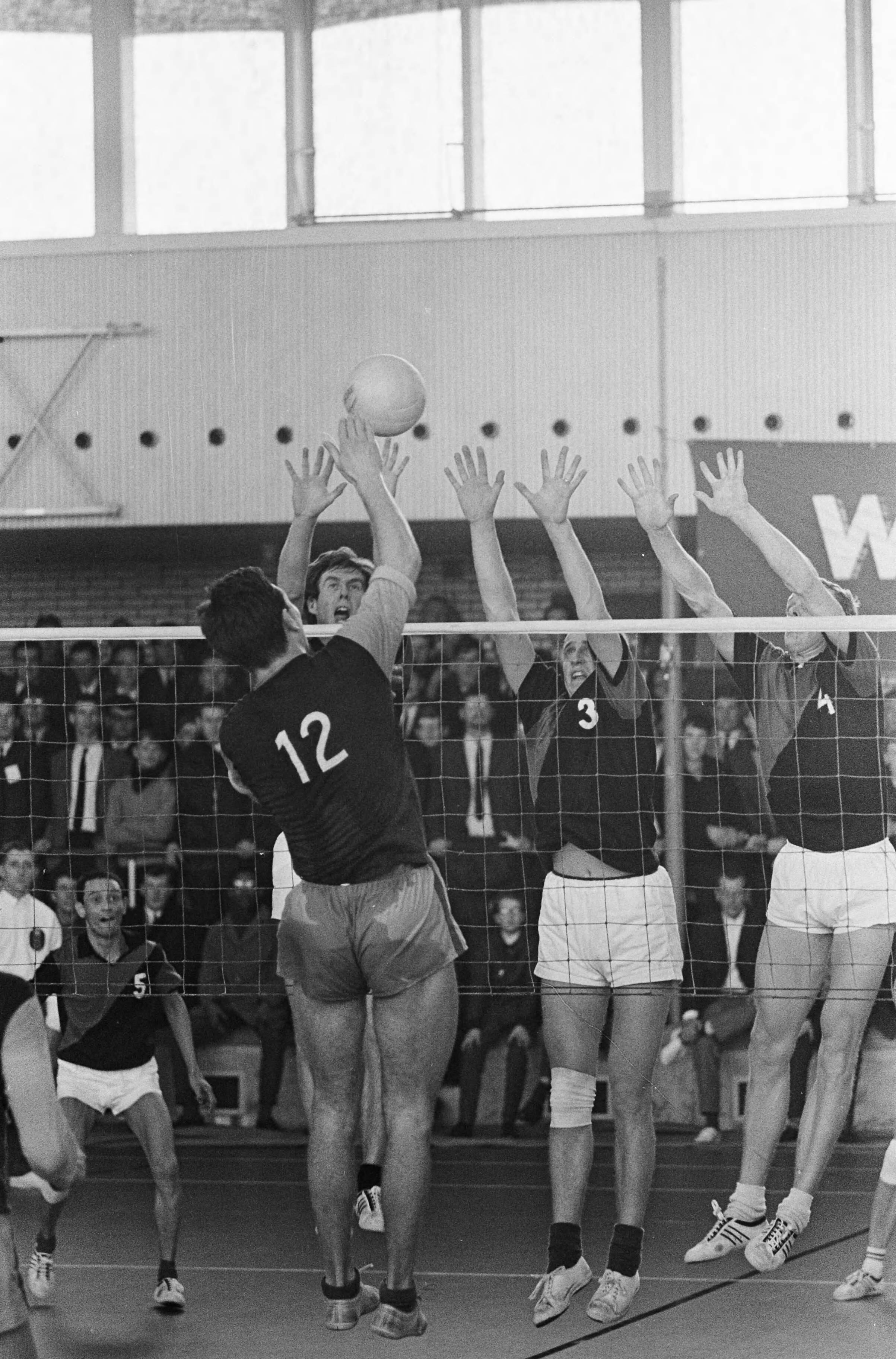 Fotocollectie Anefo — Volleybal Blokkeer tegen Dukla in kwartfinale voor Europa Cup — Foto: Kroon, Ron / Anefo. Licentie: Set B: Rechtenvrij / Publiek Domein. Bron: Nationaal Archief. http://hdl.handle.net/10648/aae10a52-d0b4-102d-bcf8-003048976d84