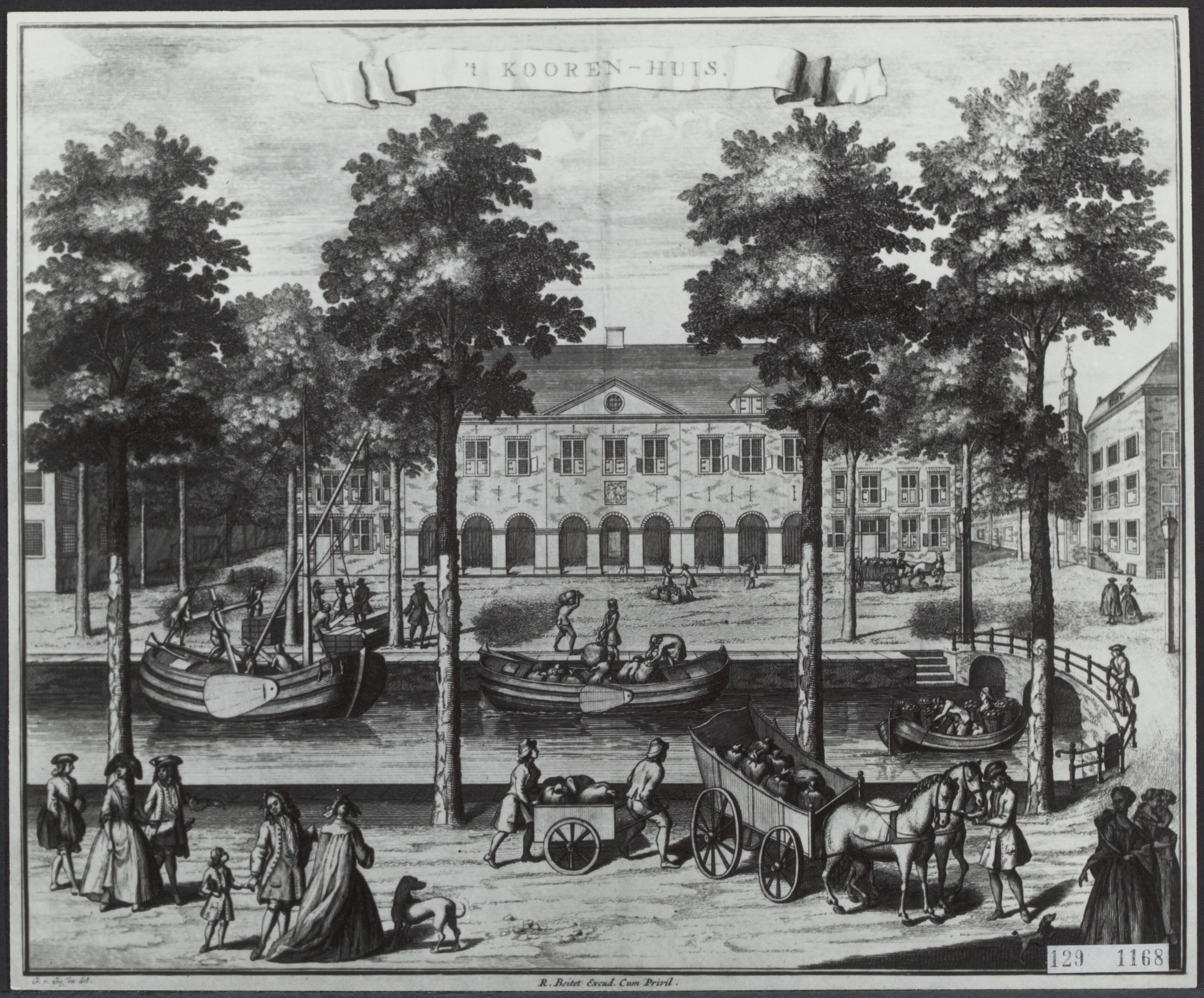 Fotocollectie Rijksvoorlichtingsdienst Eigen — Den Haag. Prinsegracht met Korenhuis. Gravure, 18de eeuw — Foto: Fotodienst Gemeente Den Haag. Licentie: Set B: Rechtenvrij / Publiek Domein. Bron: Nationaal Archief. http://hdl.handle.net/10648/af48df98-d0b4-102d-bcf8-003048976d84