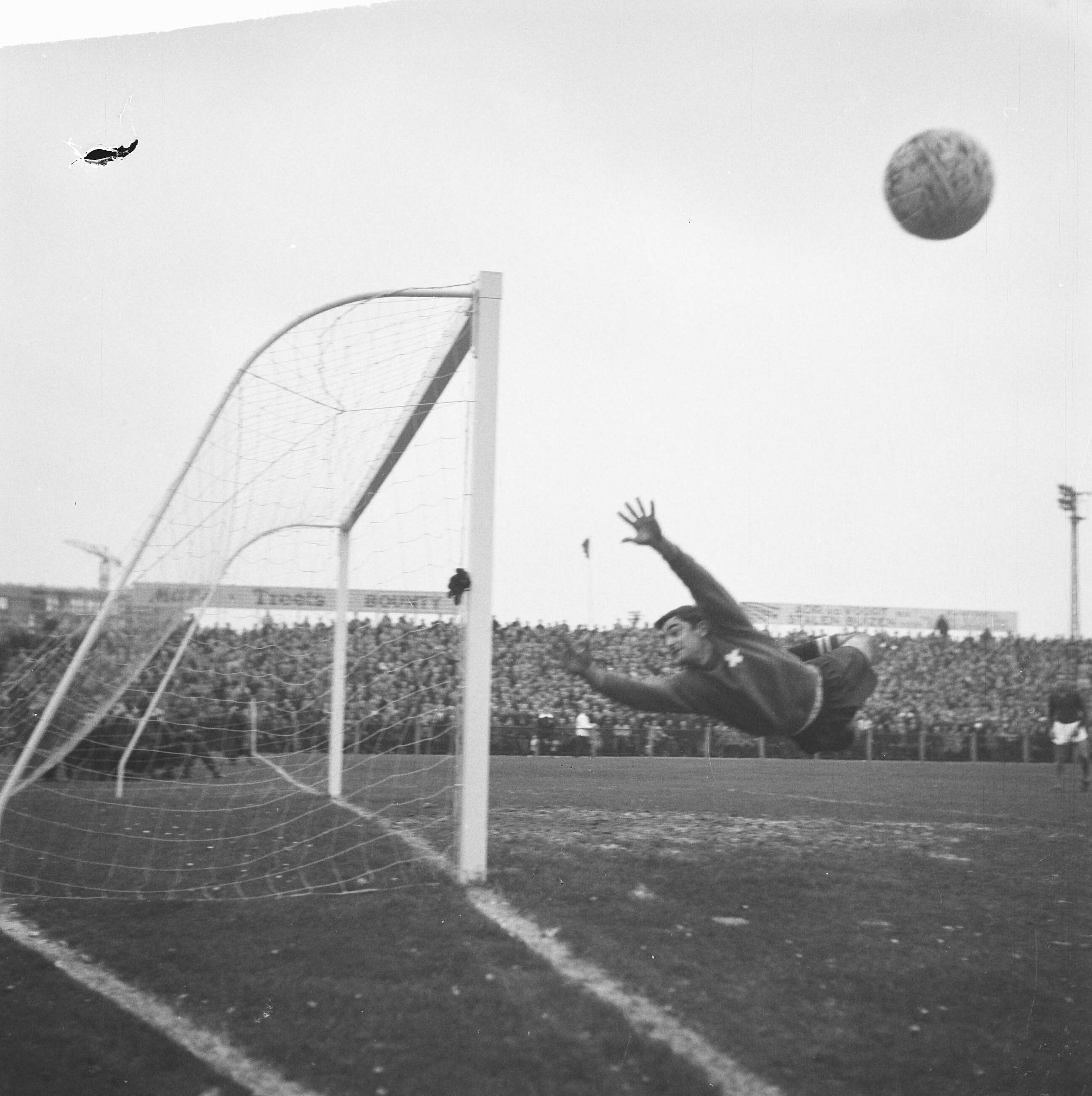 Fotocollectie Anefo — Voetbal. Jong Oranje tegen Jong Zwitserland 4-1. Spelmoment, spectaculaire duik van de de Zwitserse doelman Barlie — Foto: Nijs, Jac. de / Anefo. Licentie: Set B: Rechtenvrij / Publiek Domein. Bron: Nationaal Archief. http://hdl.handle.net/10648/aa1ebc4a-d0b4-102d-bcf8-003048976d84