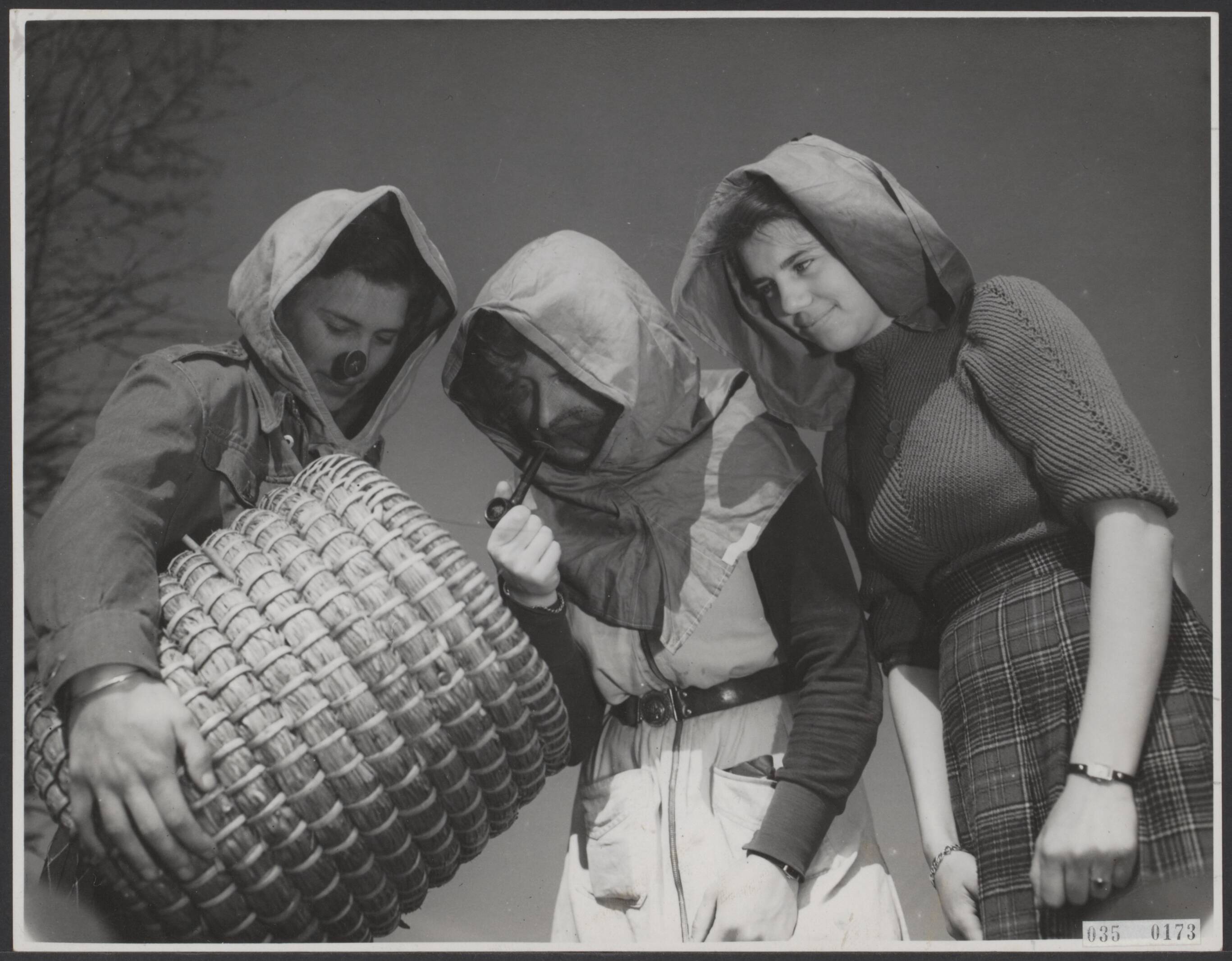 Fotocollectie Elsevier Binnenland — Tuinbouwschool "Huize te Lande" te Rijswijk. Met de imkerkap op kan je niets gebeuren, vooral wanneer je een pijp erbij rookt. Een is dapperder, en trotseert de dreiging van de zoemende bijen — Foto: Raucamp, Koos / Anefo. Licentie: Set B: Rechtenvrij / Publiek Domein. Bron: Nationaal Archief. http://hdl.handle.net/10648/ade9e5ac-d0b4-102d-bcf8-003048976d84