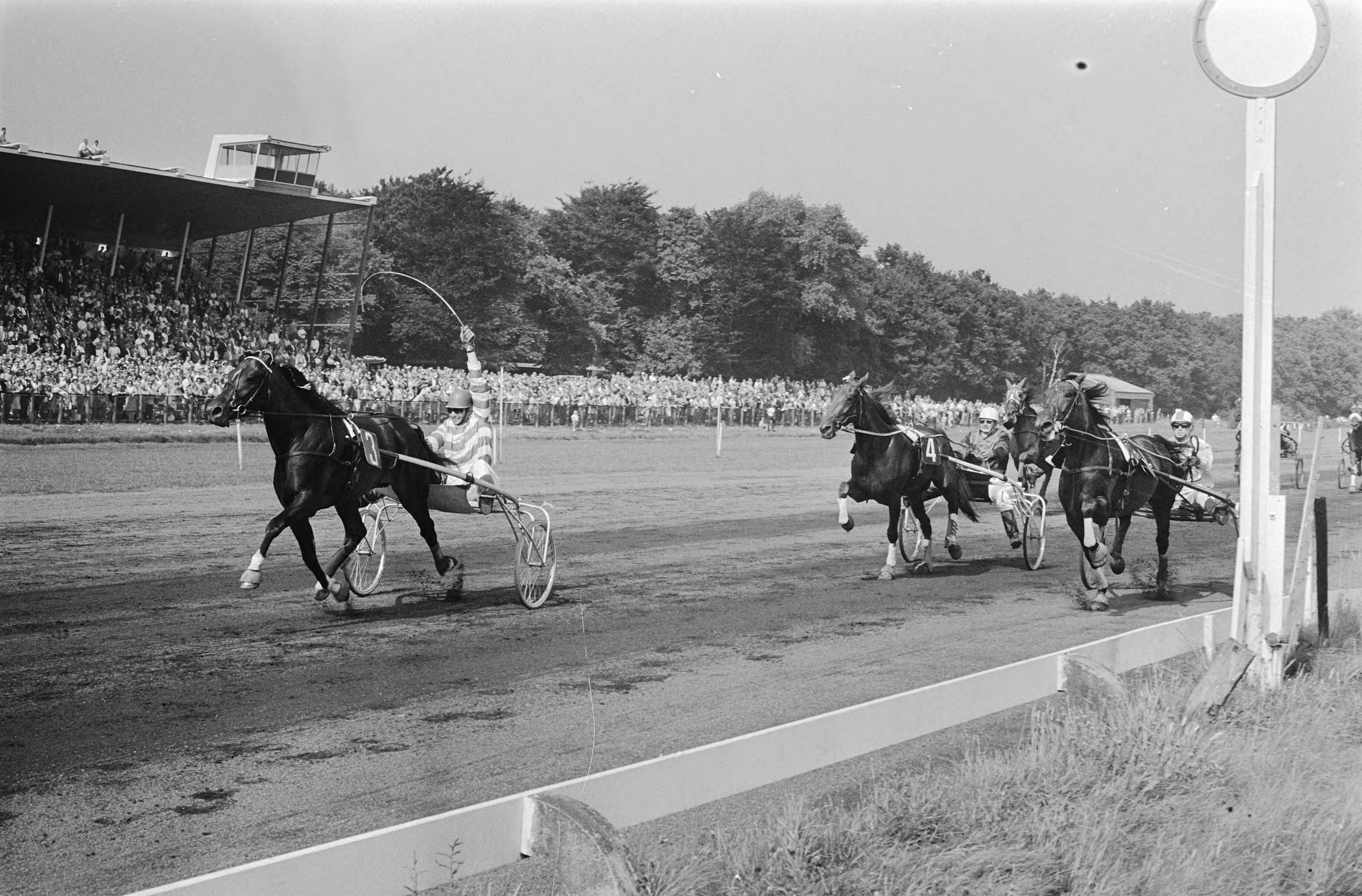 Derby voor dravers 1969 op Duindigt — Jan Wagenaar jr. gaat met zijn paard "Henri Buitenzorg" als eerste over de finish — Foto: Fotograaf Onbekend / Anefo. Licentie: Set B: Rechtenvrij / Publiek Domein. Bron: Nationaal Archief. http://hdl.handle.net/10648/ab7511de-d0b4-102d-bcf8-003048976d84