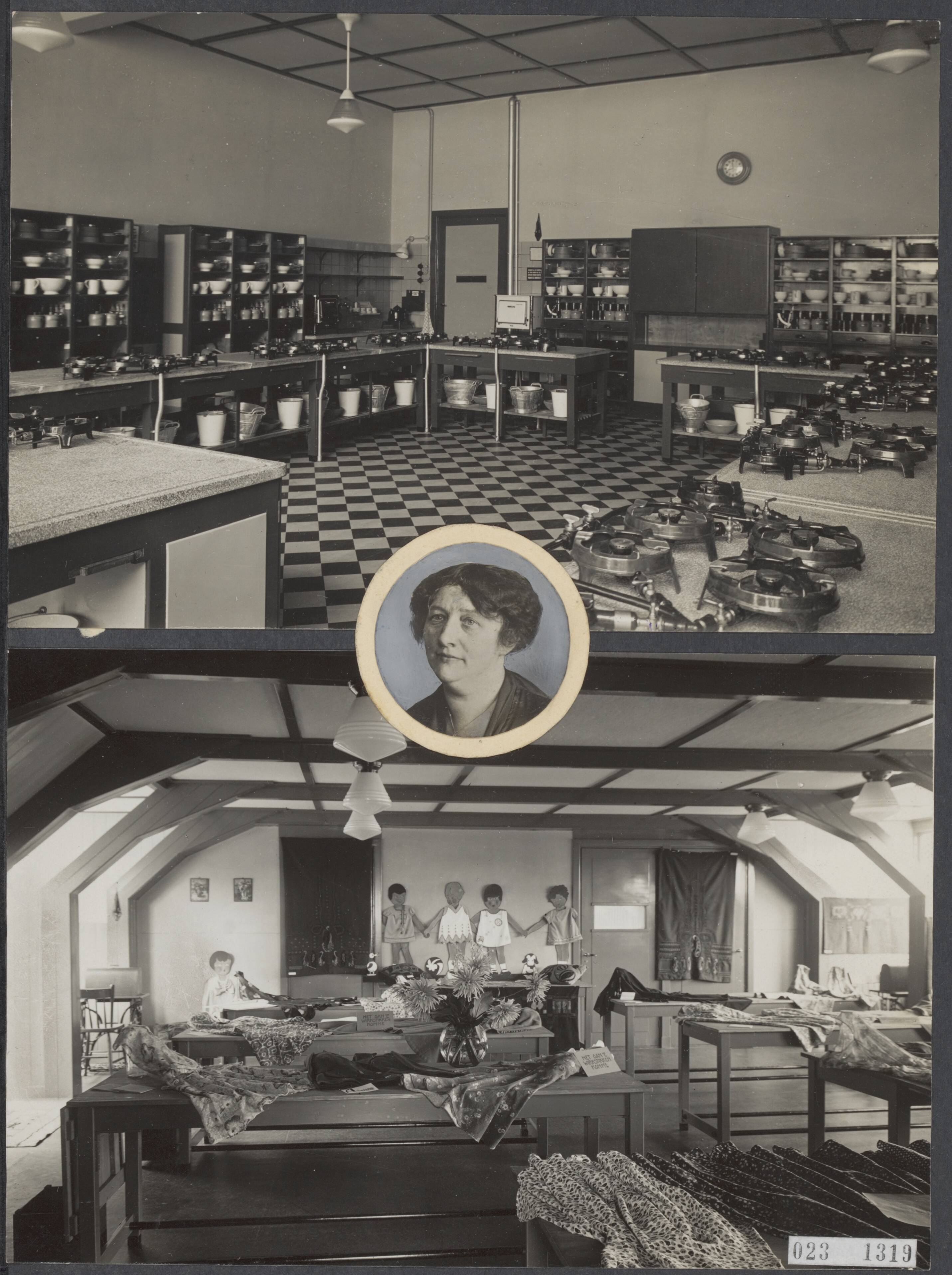 Fotocollectie Elsevier Binnenland — Boven: De nieuwe Deense keuken van de Industrie- en Huishoudschool te Leeuwarden. Onder: De kostuumklas. Inzet: de directrice mevr. R. v.d. Berg-Eskes — Foto: Onbekend / Publiek Domein of Rechtenvrij. Licentie: Set B: Rechtenvrij / Publiek Domein. Bron: Nationaal Archief. http://hdl.handle.net/10648/add6a244-d0b4-102d-bcf8-003048976d84
