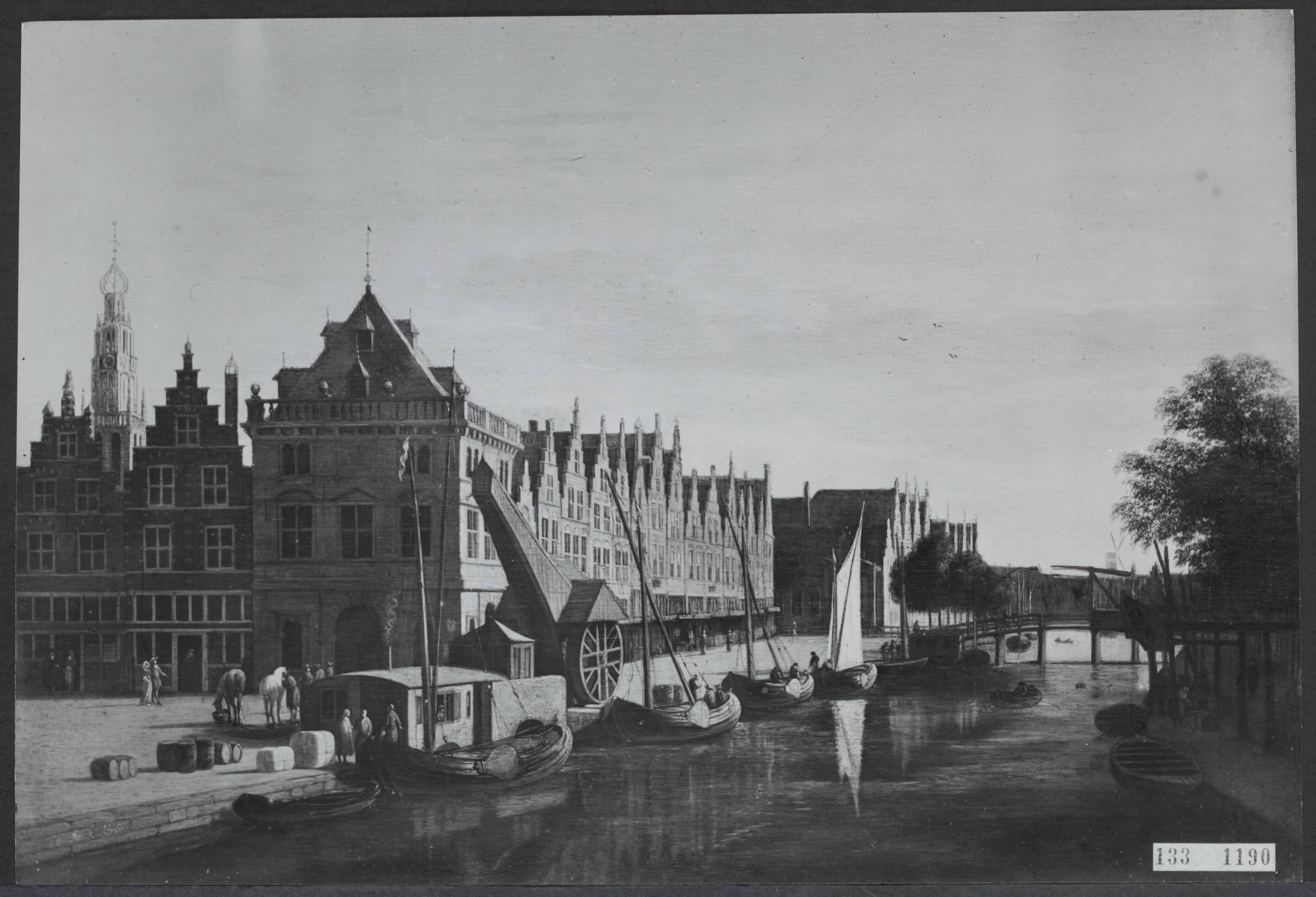 Fotocollectie Rijksvoorlichtingsdienst Eigen — Schilderij van G.A. Berckheyde (1638-1698), Haarlem, de Waag aan het Spaarne met een hijskraan en links de laatgotische toren van de Bakenesser kerk — Foto: Rijksmuseum Amsterdam. Licentie: Set B: Rechtenvrij / Publiek Domein. Bron: Nationaal Archief. http://hdl.handle.net/10648/af5888a8-d0b4-102d-bcf8-003048976d84
