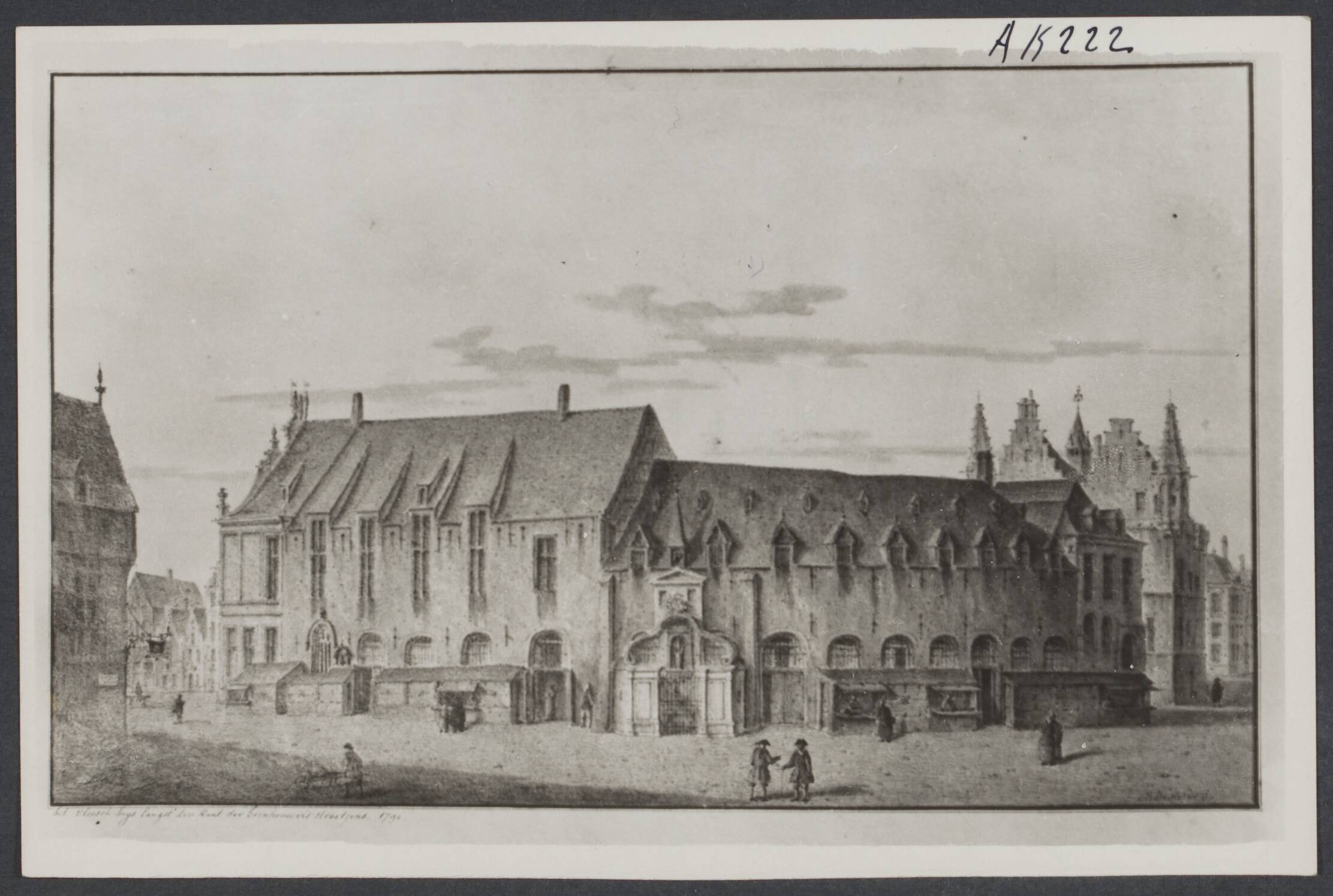 Mechelen — Mechelen. Tekening van P-J. de Noter uit begin 19de eeuw van het Vleeshuis aan het IJzerenleen met rechts het Schepenhuis: situatie omstreeks 1500 — Foto: Onbekend / Publiek Domein of Rechtenvrij. Licentie: Set B: Rechtenvrij / Publiek Domein. Bron: Nationaal Archief. http://hdl.handle.net/10648/695f22db-5e12-5778-dc99-c99df77e0197